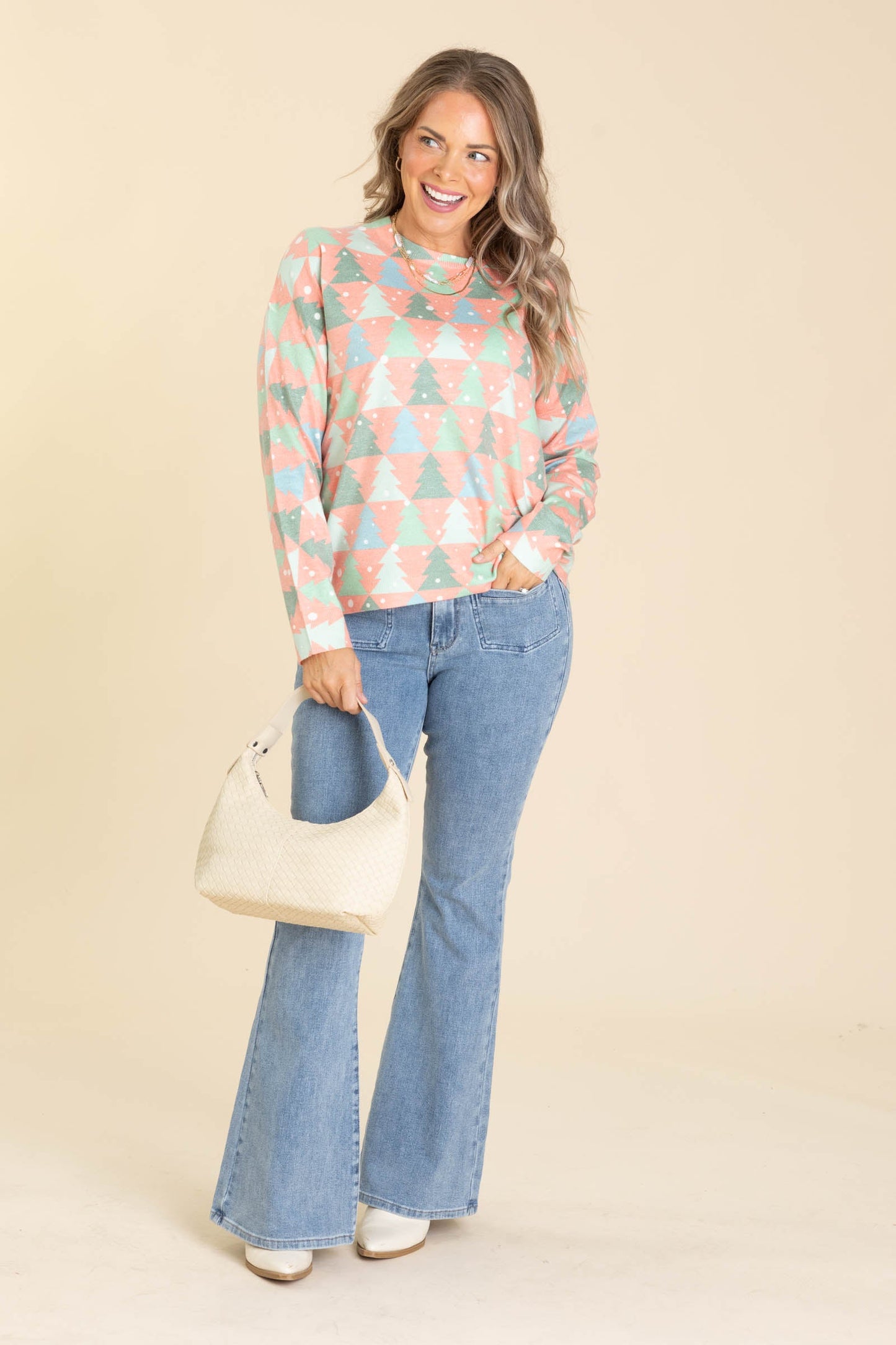 Coral Christmas Tree Pattern Knit Sweater Top