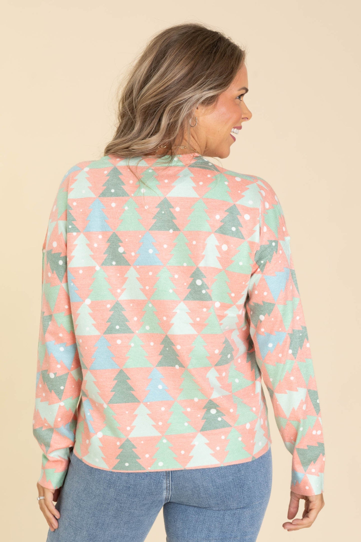Coral Christmas Tree Pattern Knit Sweater Top
