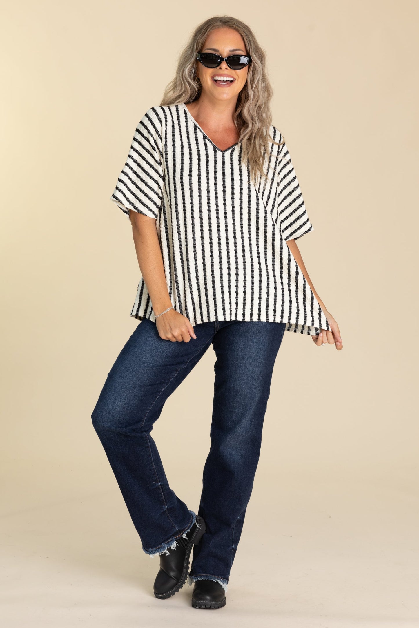 Ivory and Black Stripe V-Neck Dolman Knit Top