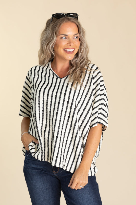 Ivory and Black Stripe V-Neck Dolman Knit Top