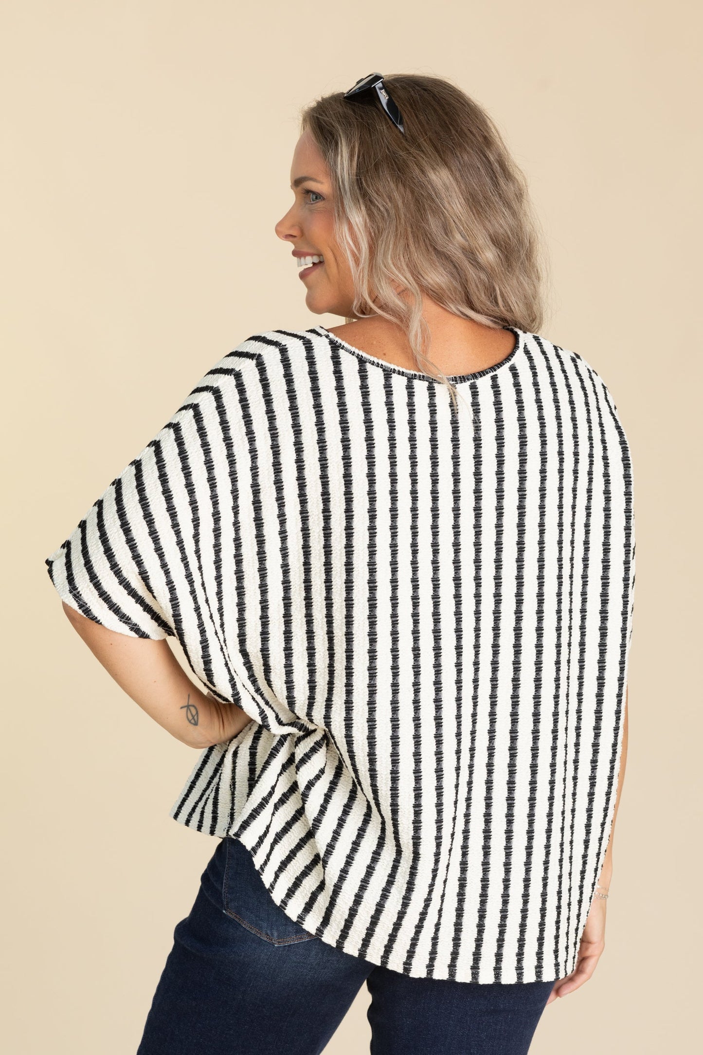 Ivory and Black Stripe V-Neck Dolman Knit Top