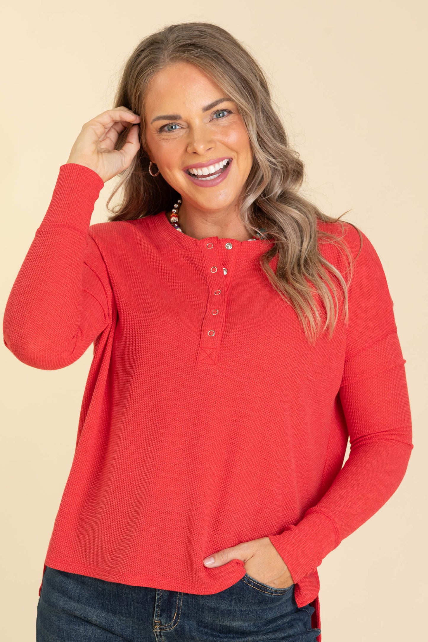 Waffle Thumb Hole Cuffs Henley Knit Tees