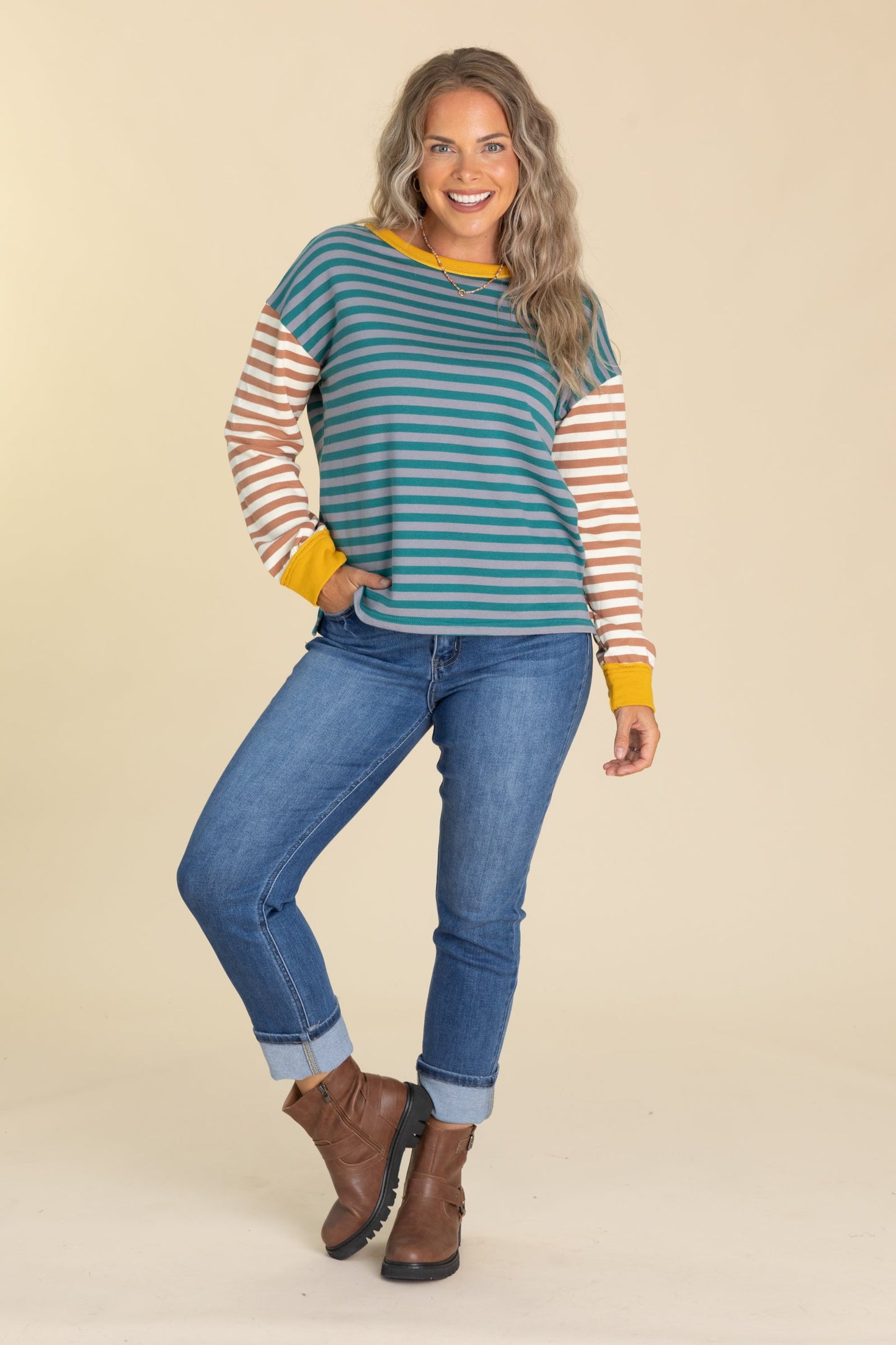 Teal Multicolor Striped French Terry Pullover
