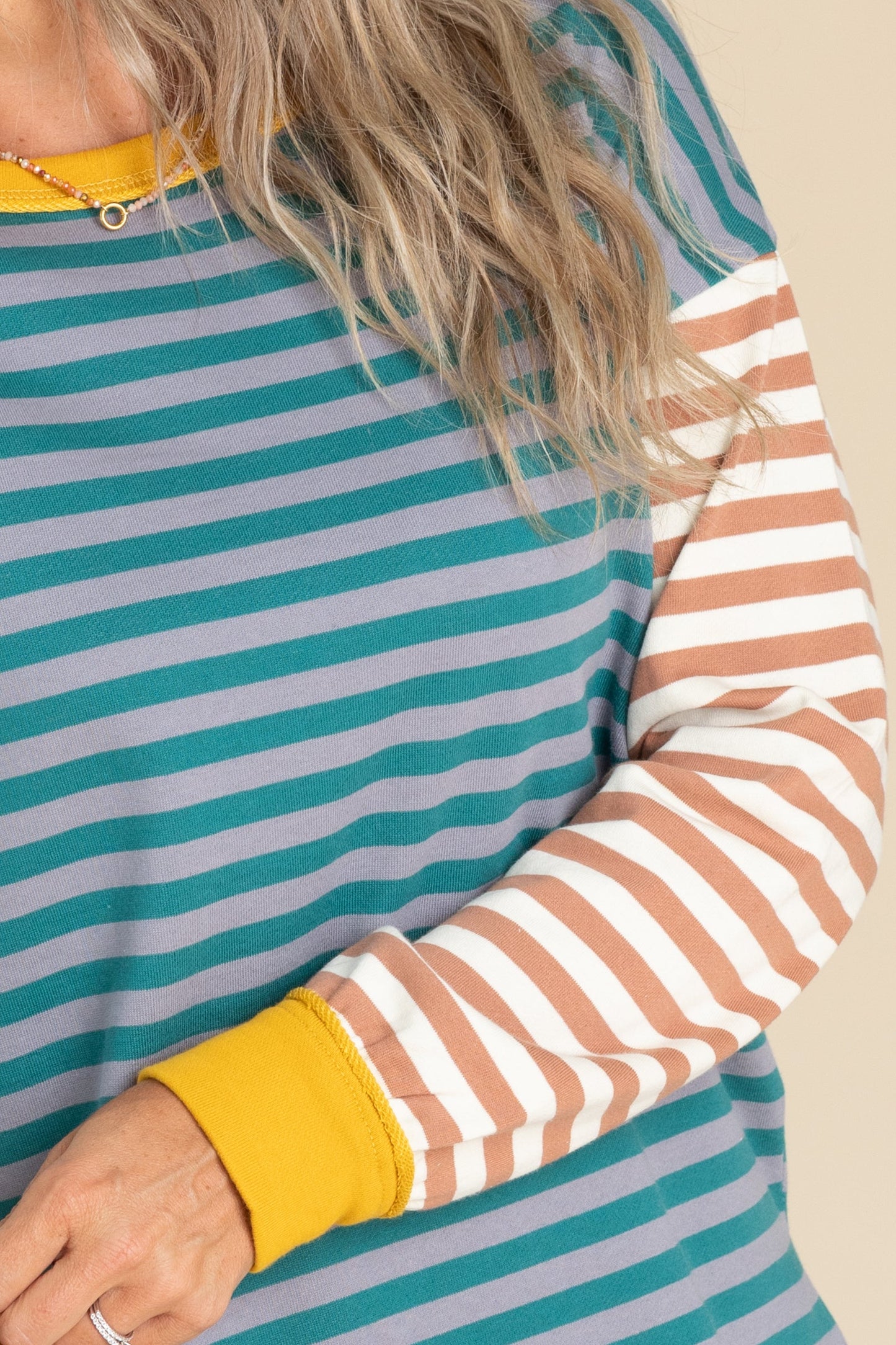 Teal Multicolor Striped French Terry Pullover