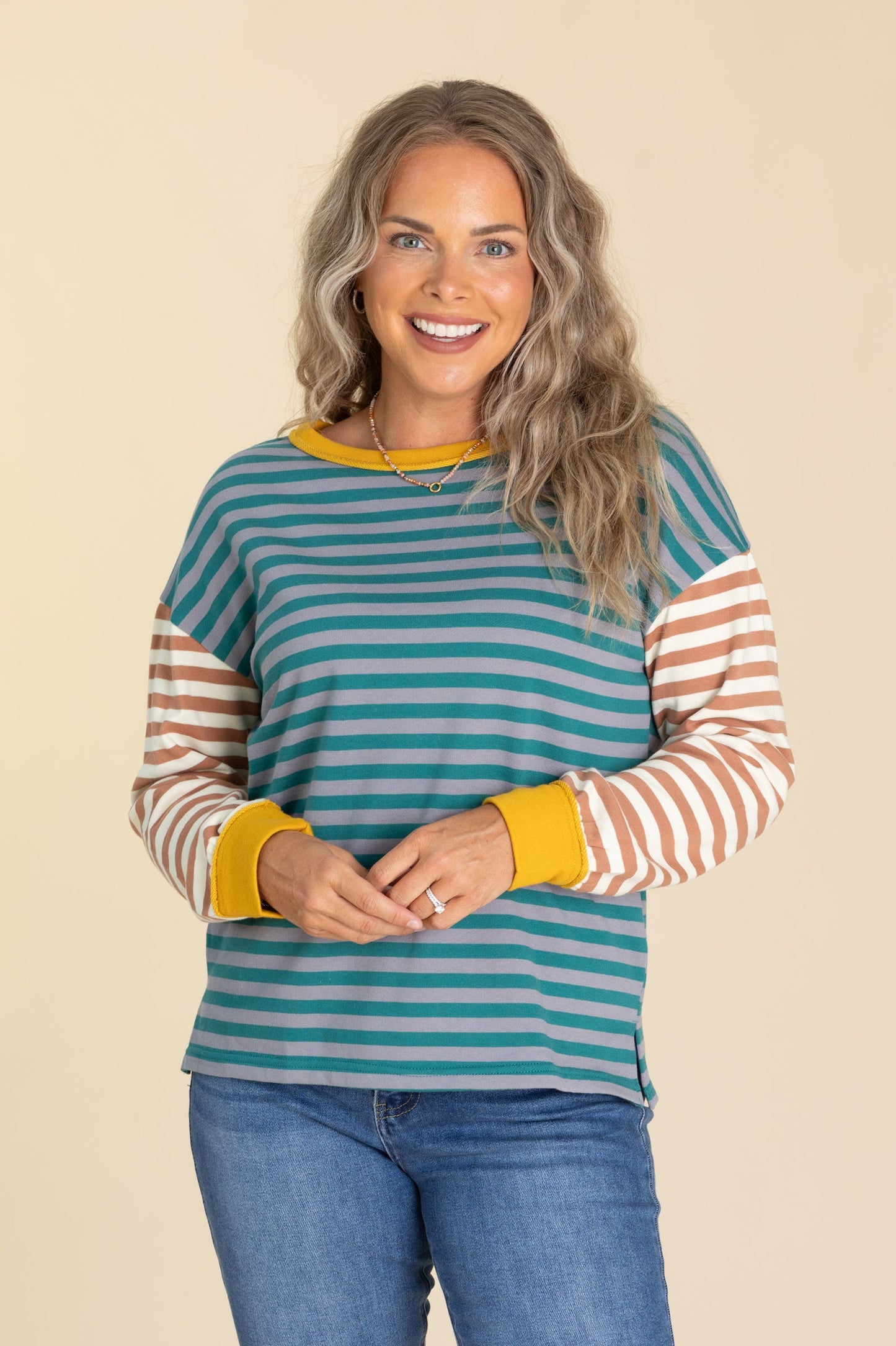 Teal Multicolor Striped French Terry Pullover