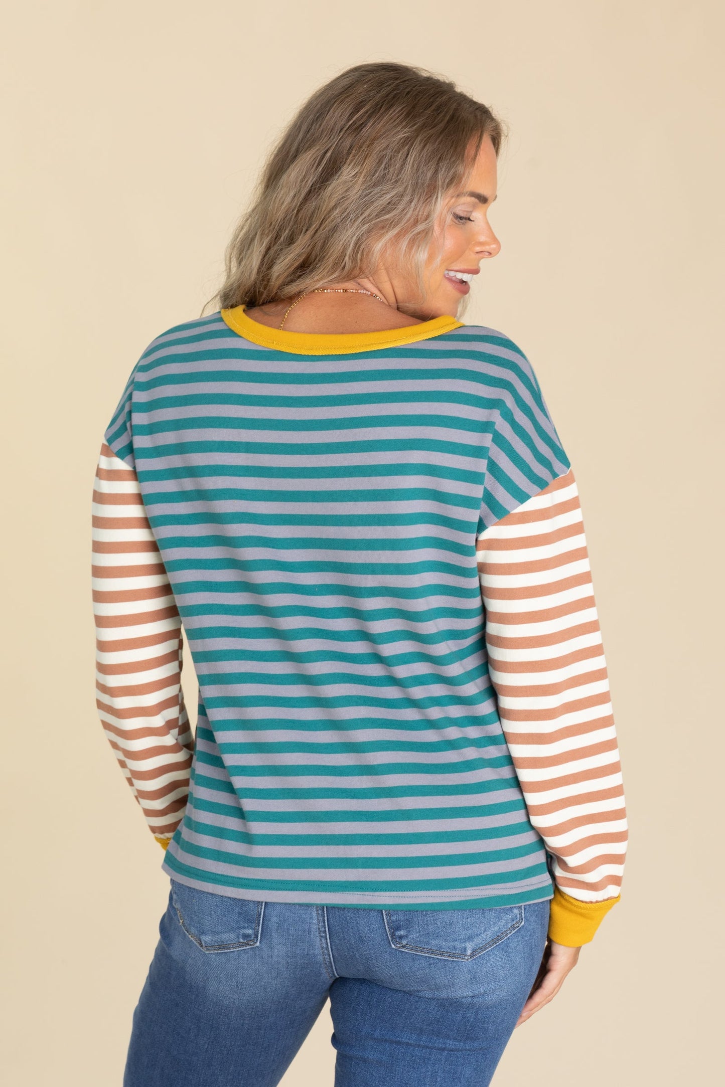 Teal Multicolor Striped French Terry Pullover