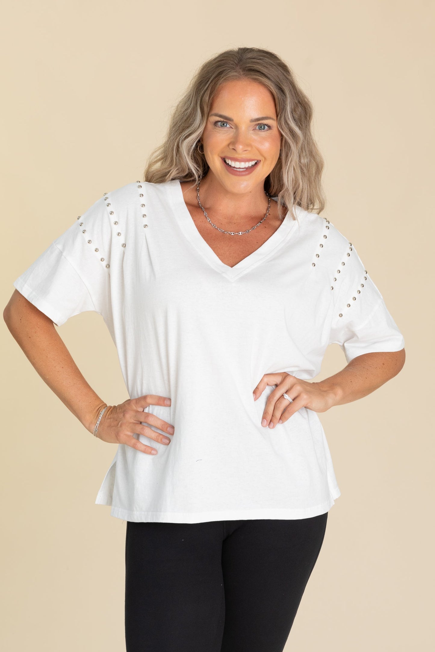 V-Neck Short Sleeve With Shoulder Detail Tops