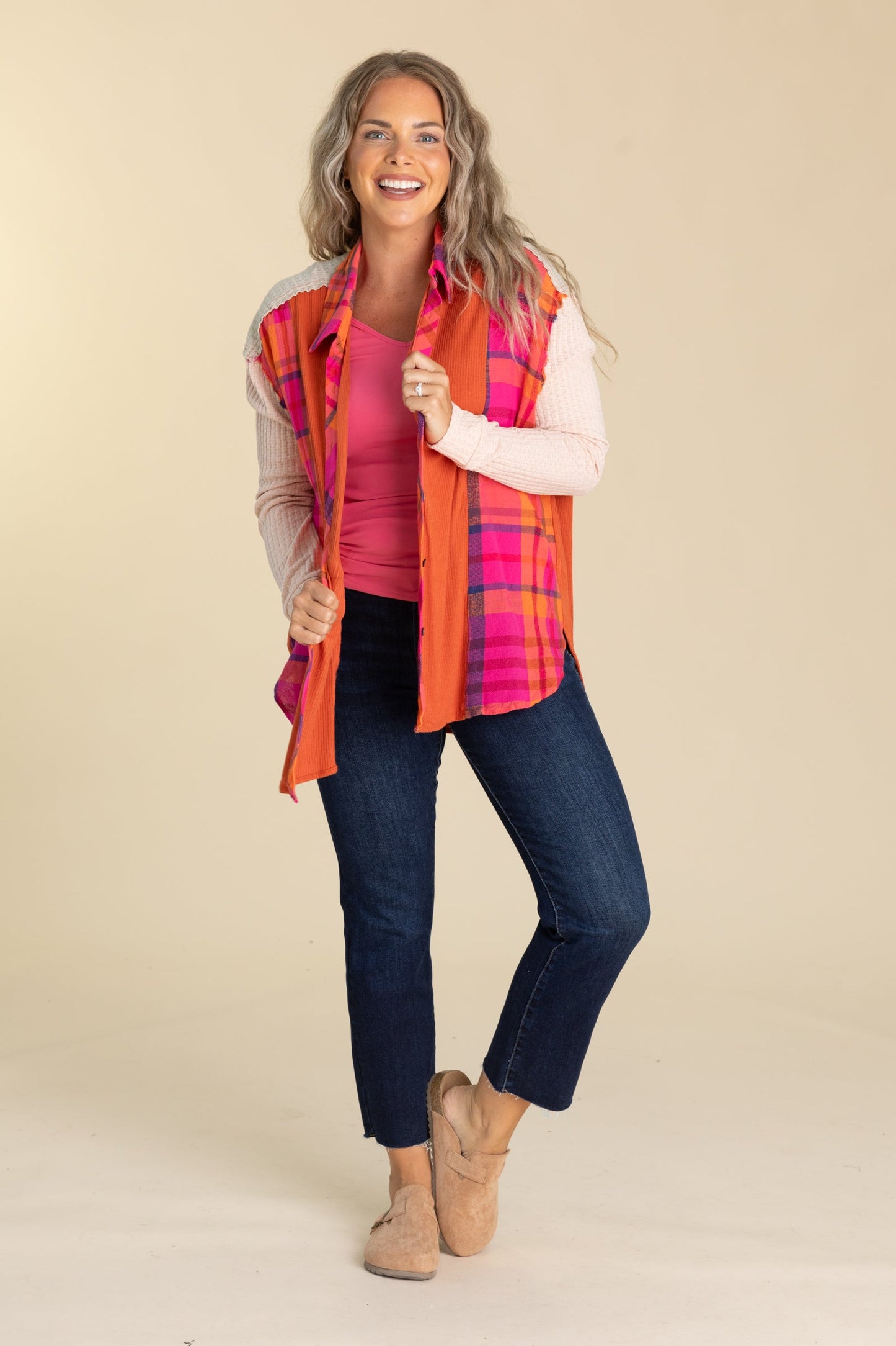 Orange Plaid Mix Thermal Knit Button Down