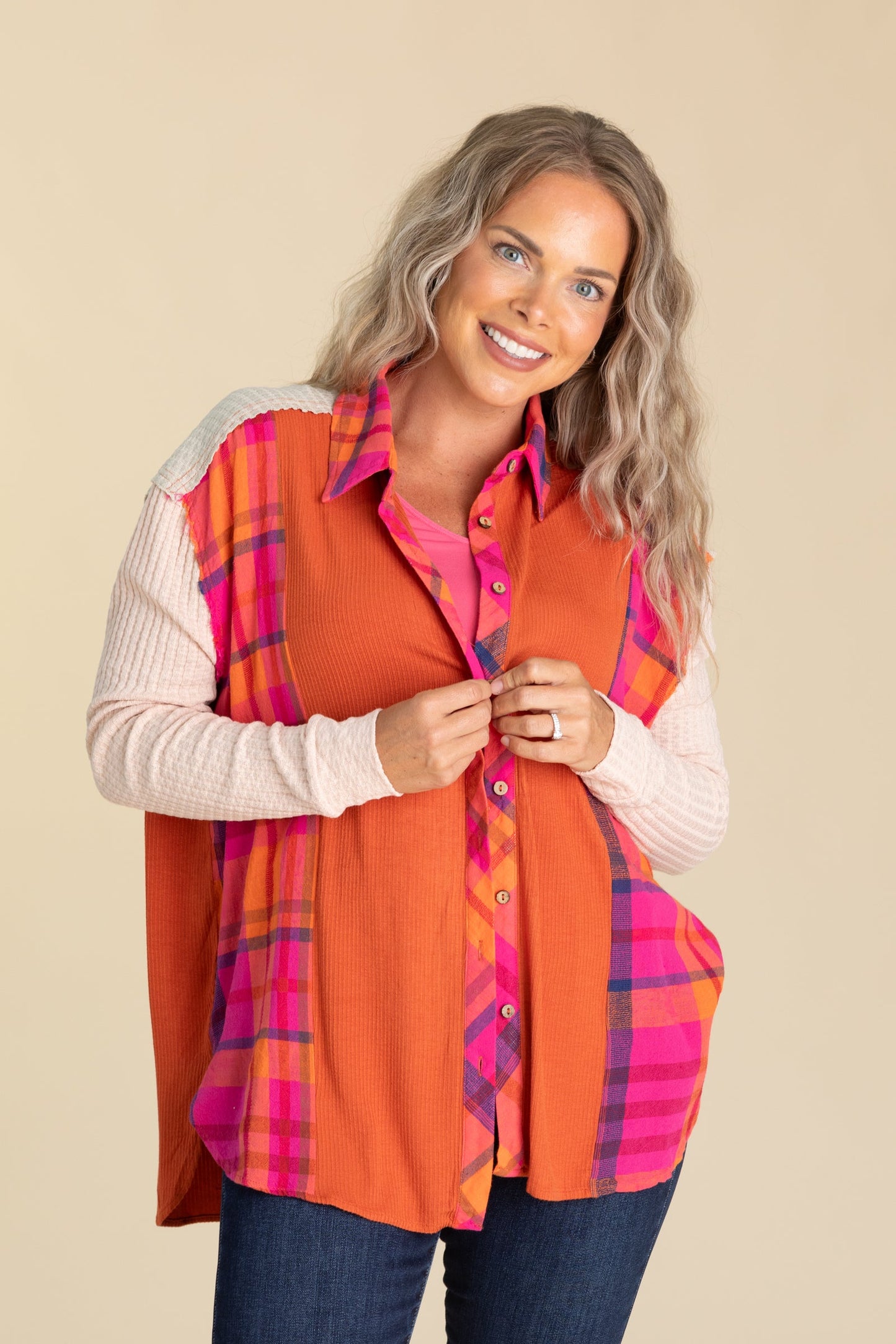 Orange Plaid Mix Thermal Knit Button Down