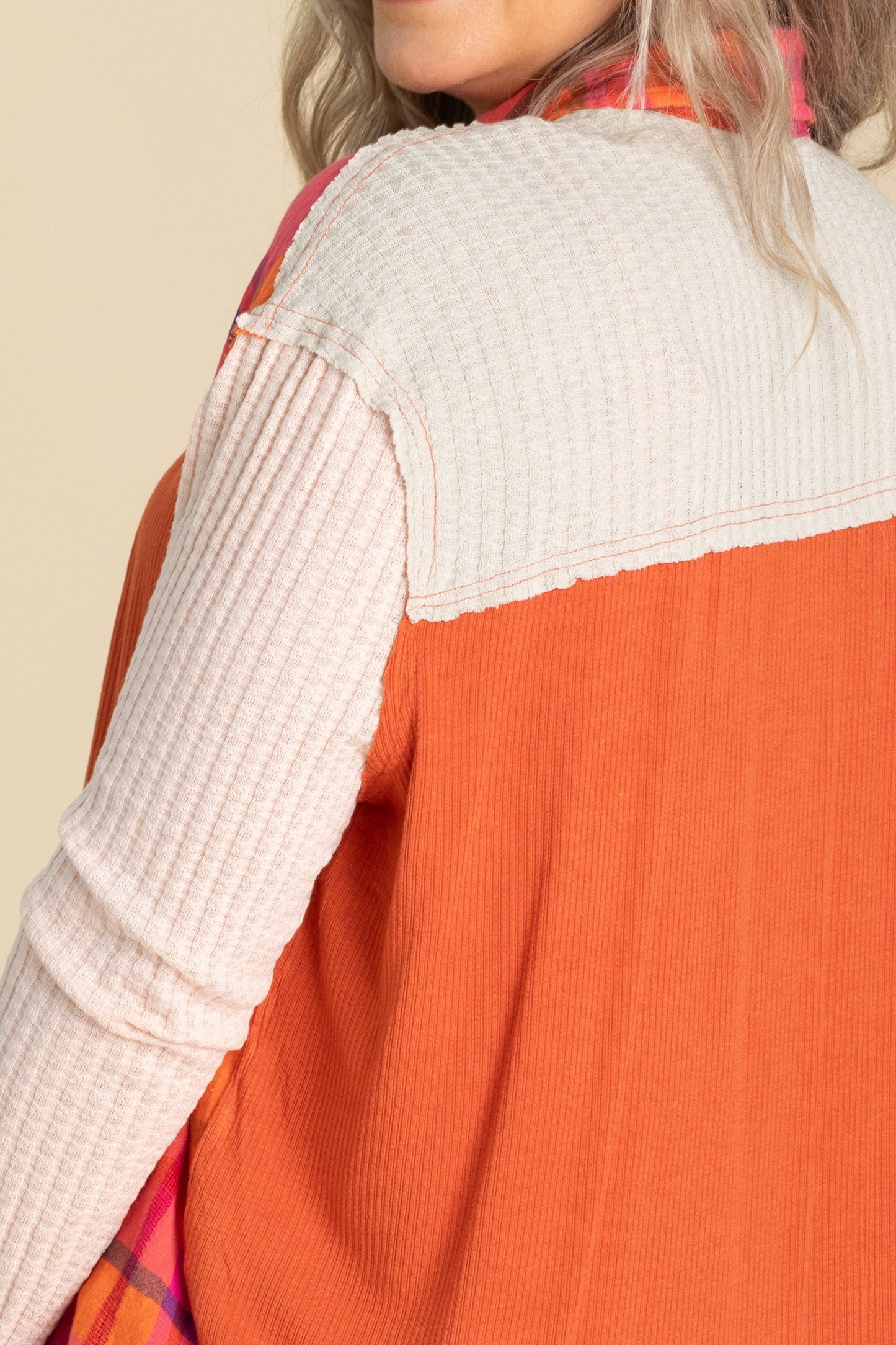 Orange Plaid Mix Thermal Knit Button Down