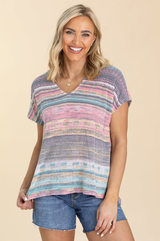 Multicolor Breezy Knit V-Neck Short Sleeve Top