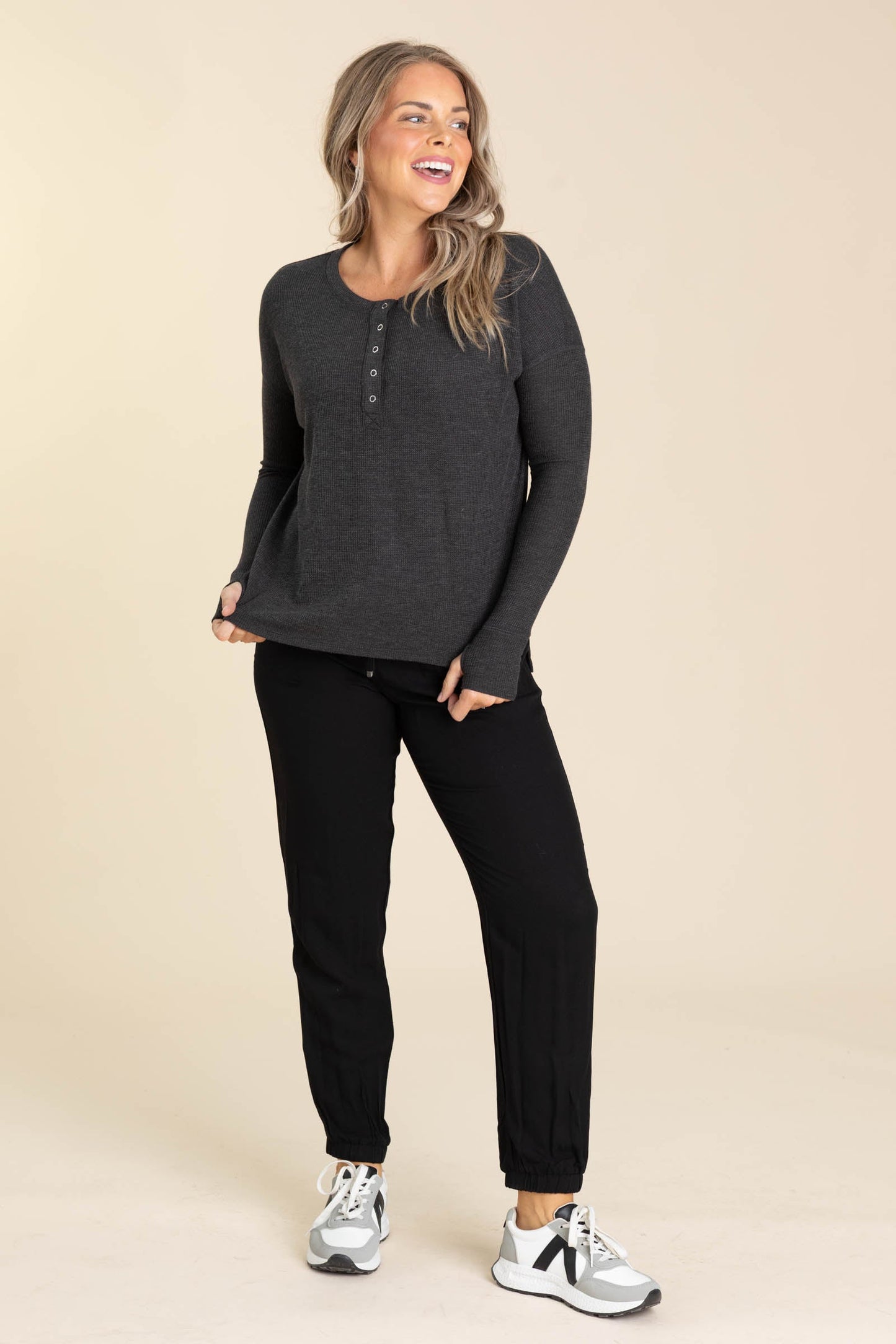 Waffle Thumb Hole Cuffs Henley Knit Tees