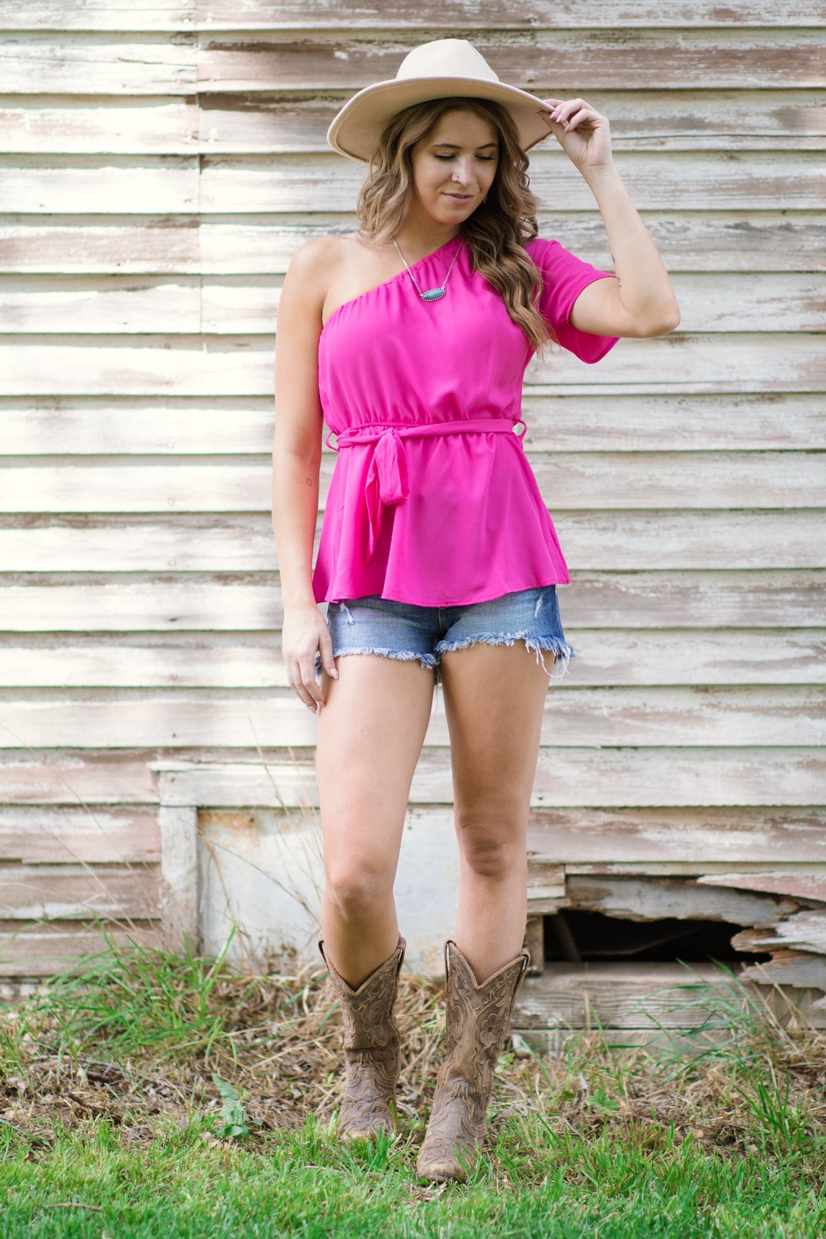 Hot Pink Elastic Waist One Shoulder Top