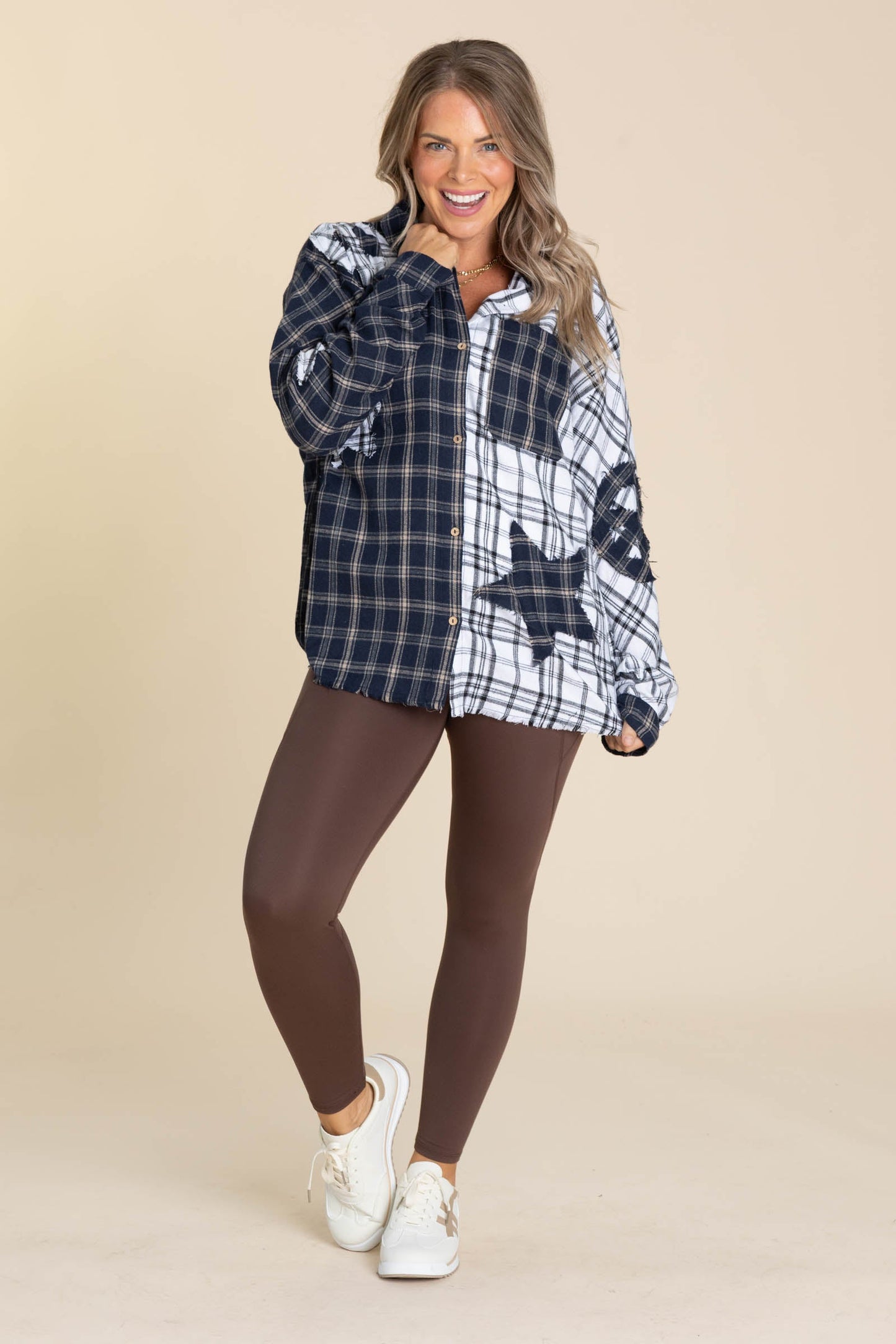 Navy And White Plaid Star Patch Button Up