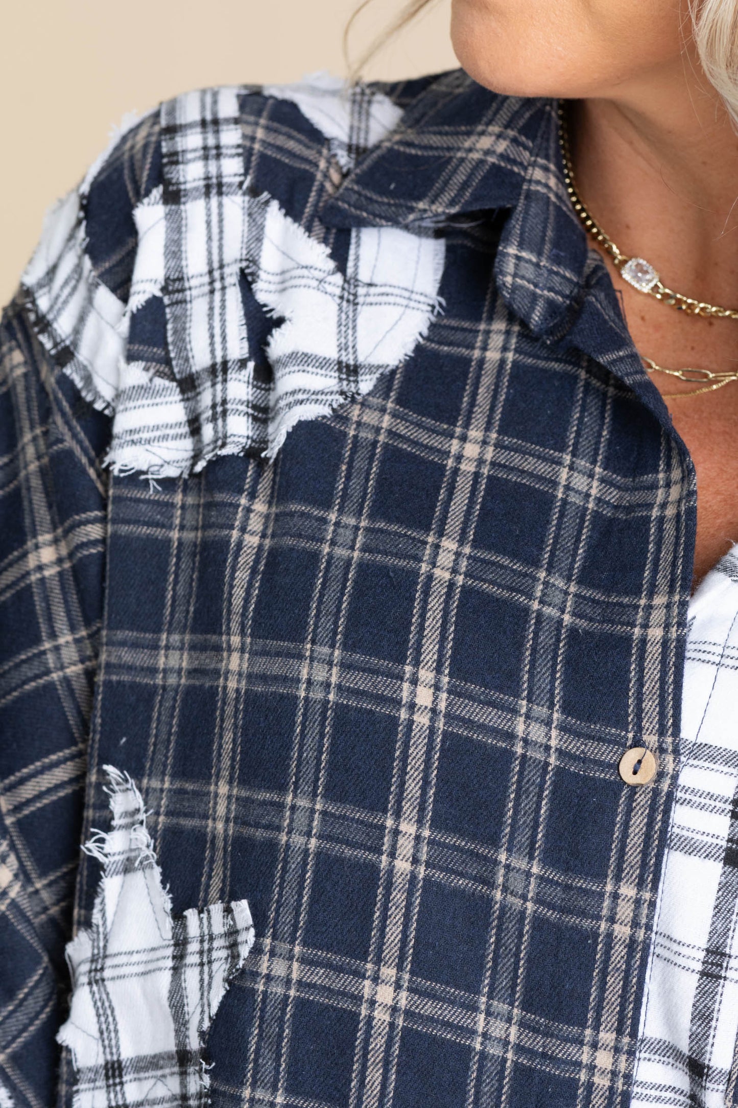 Navy And White Plaid Star Patch Button Up