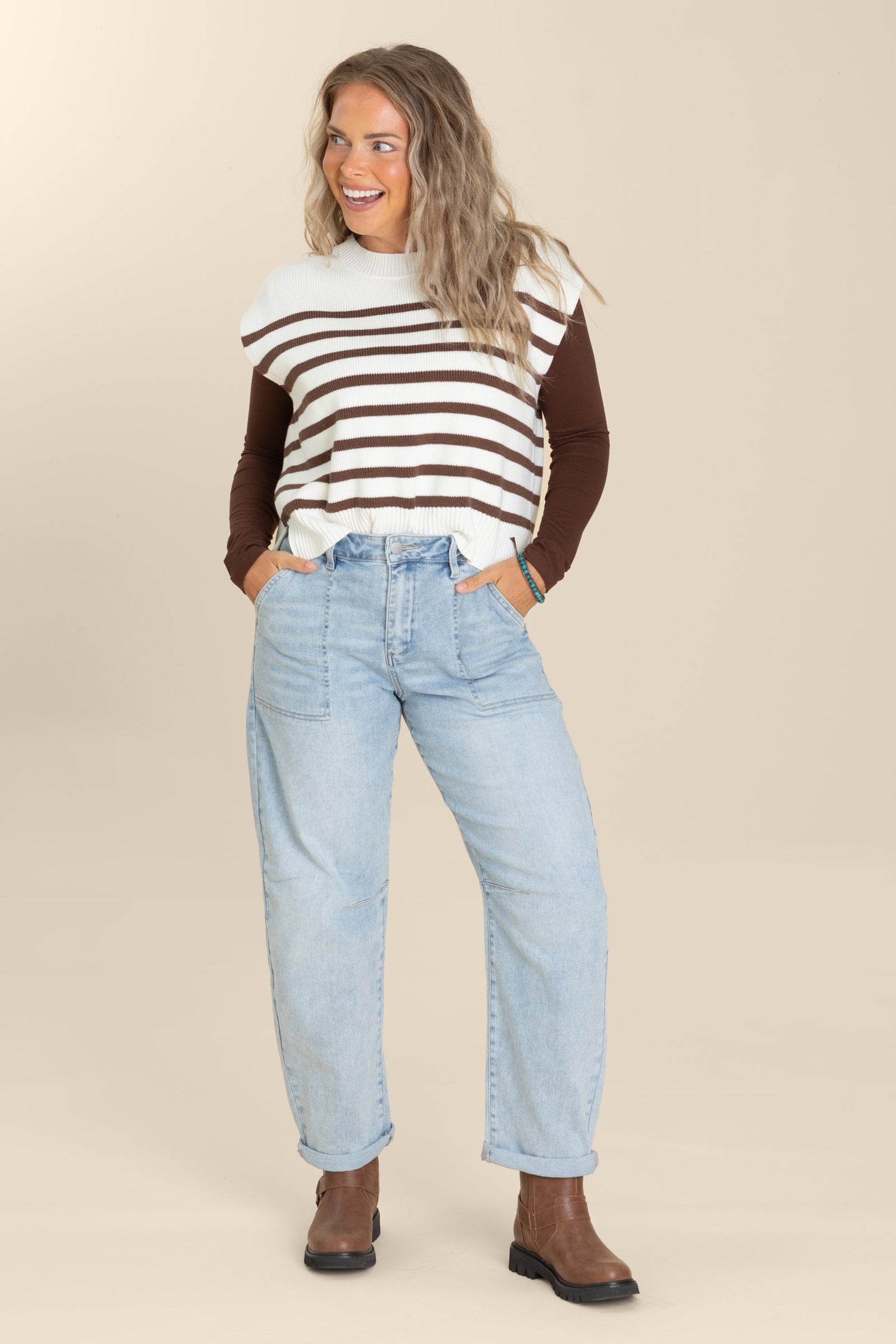 Oversized Crewneck Stripe Cap Sleeve Sweaters