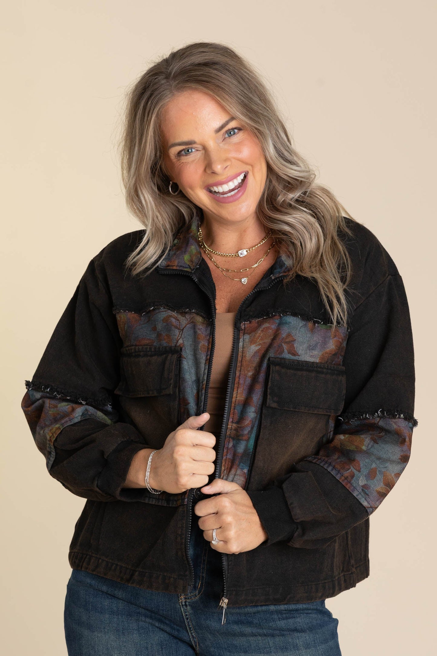 Brown Black Denim Jacket With Floral Design