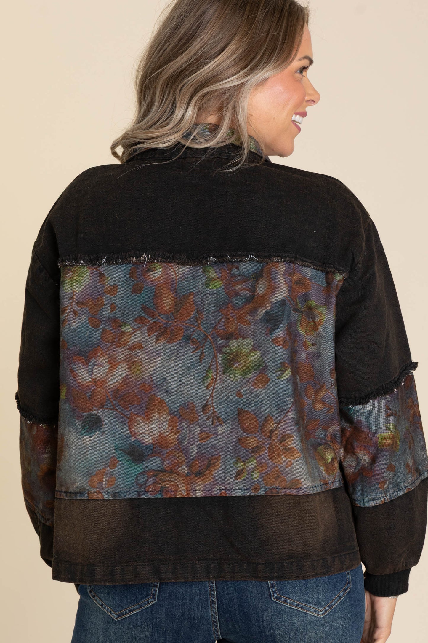 Brown Black Denim Jacket With Floral Design