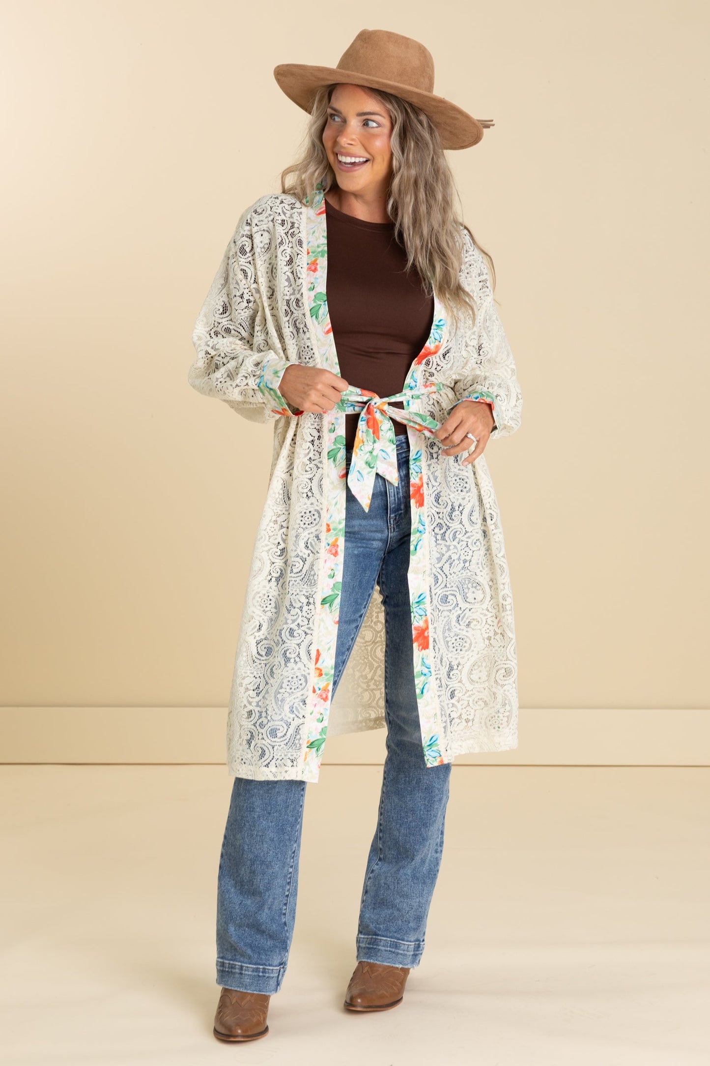 Lace Cardigans With Tie Waist Belt