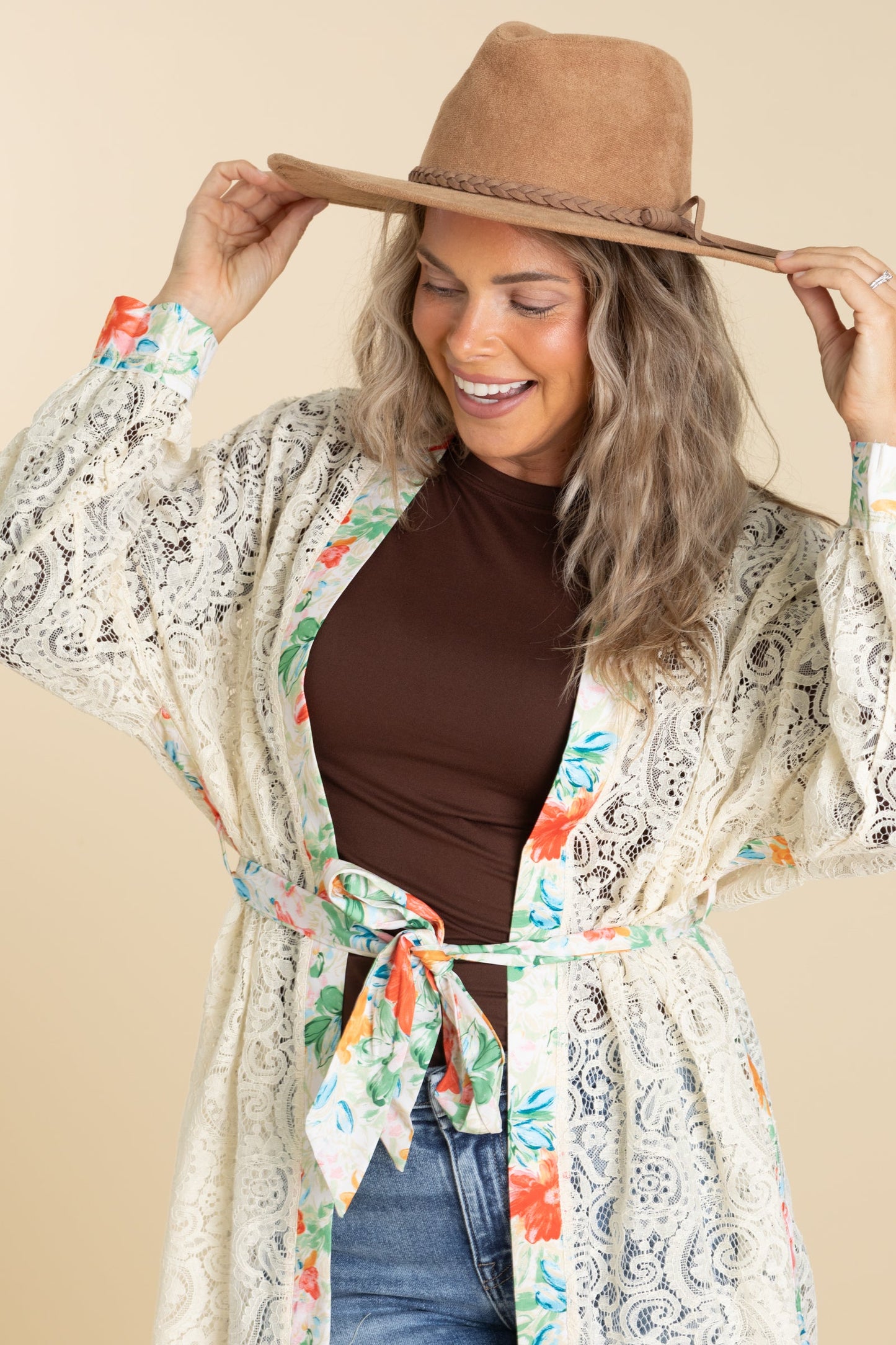 Lace Cardigans With Tie Waist Belt