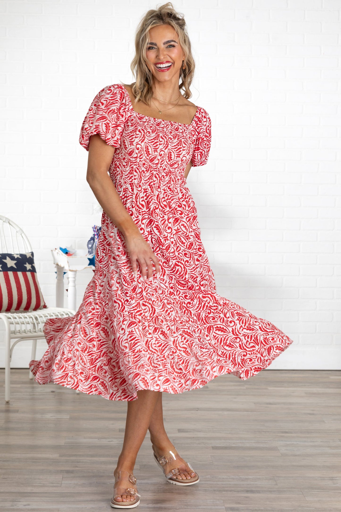Red Printed Smocked Square Line Midi Dress