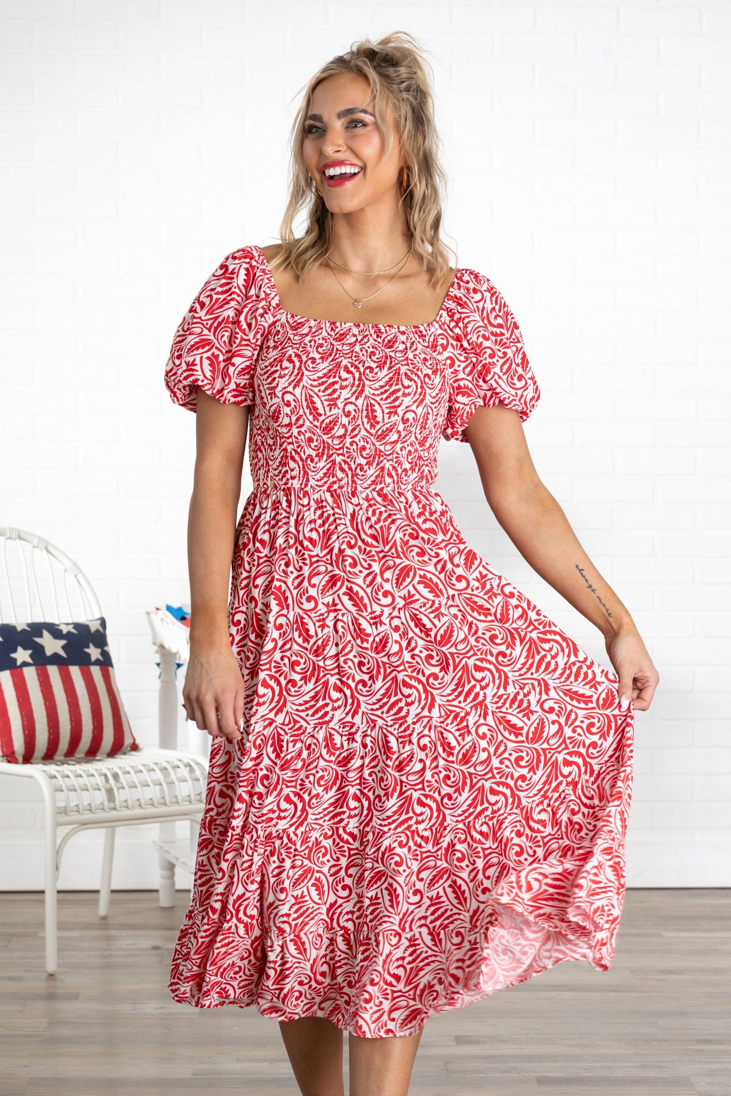Red Printed Smocked Square Line Midi Dress