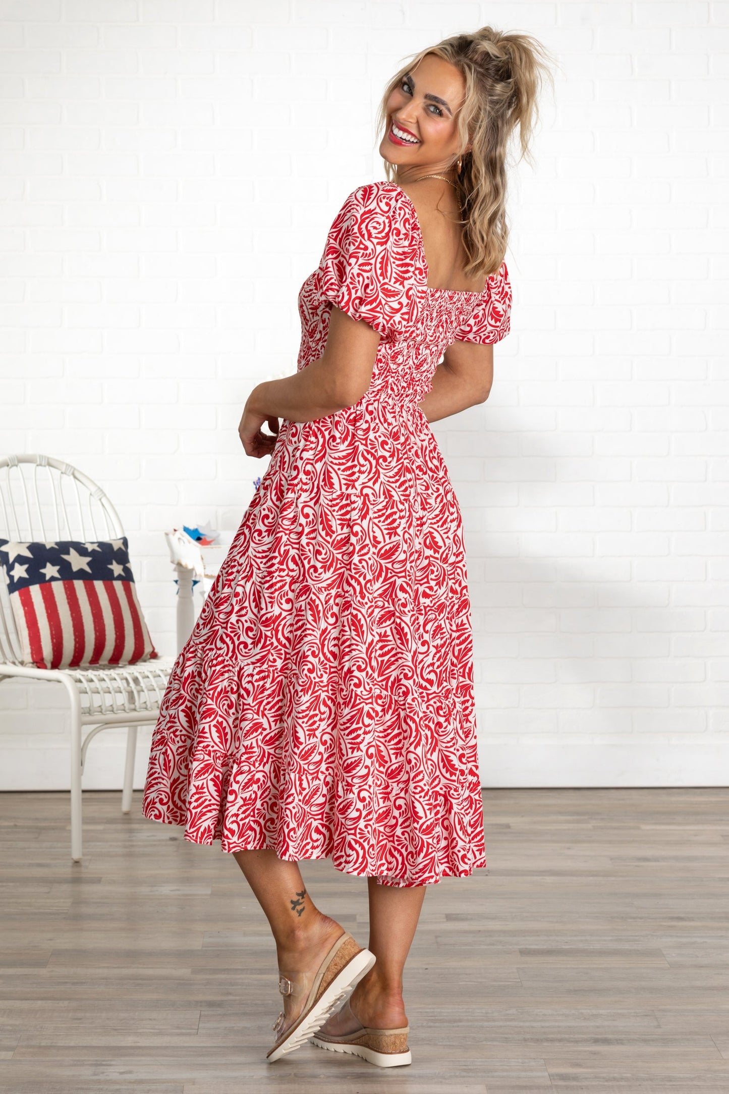 Red Printed Smocked Square Line Midi Dress