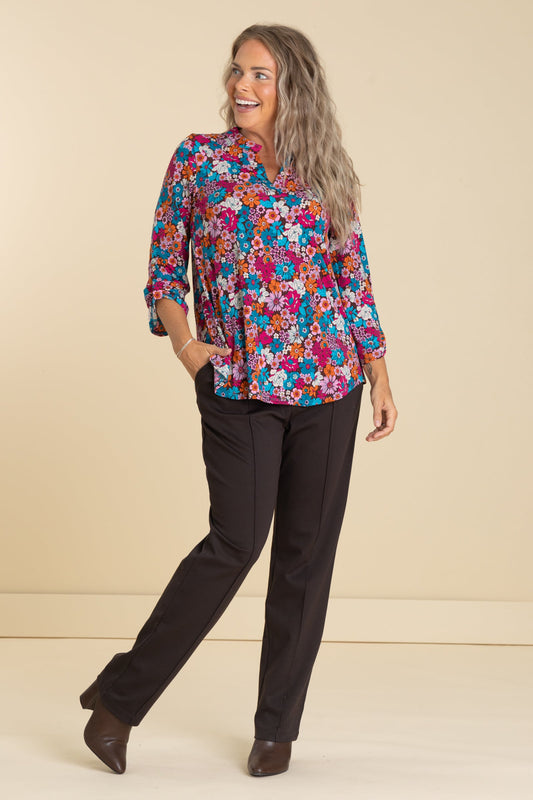 Brown Floral Lizzy Wrinkle Free Top