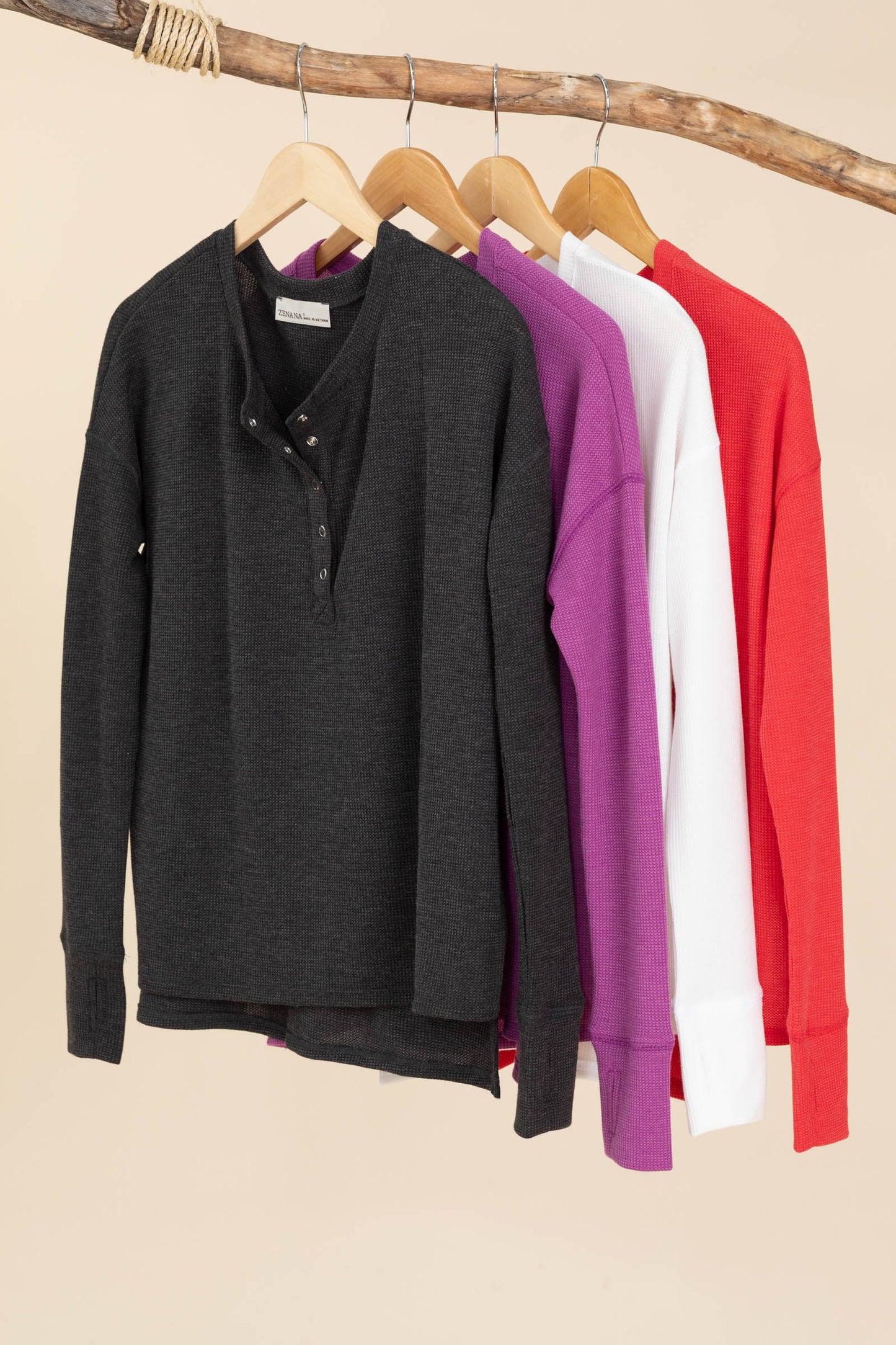 Waffle Thumb Hole Cuffs Henley Knit Tees