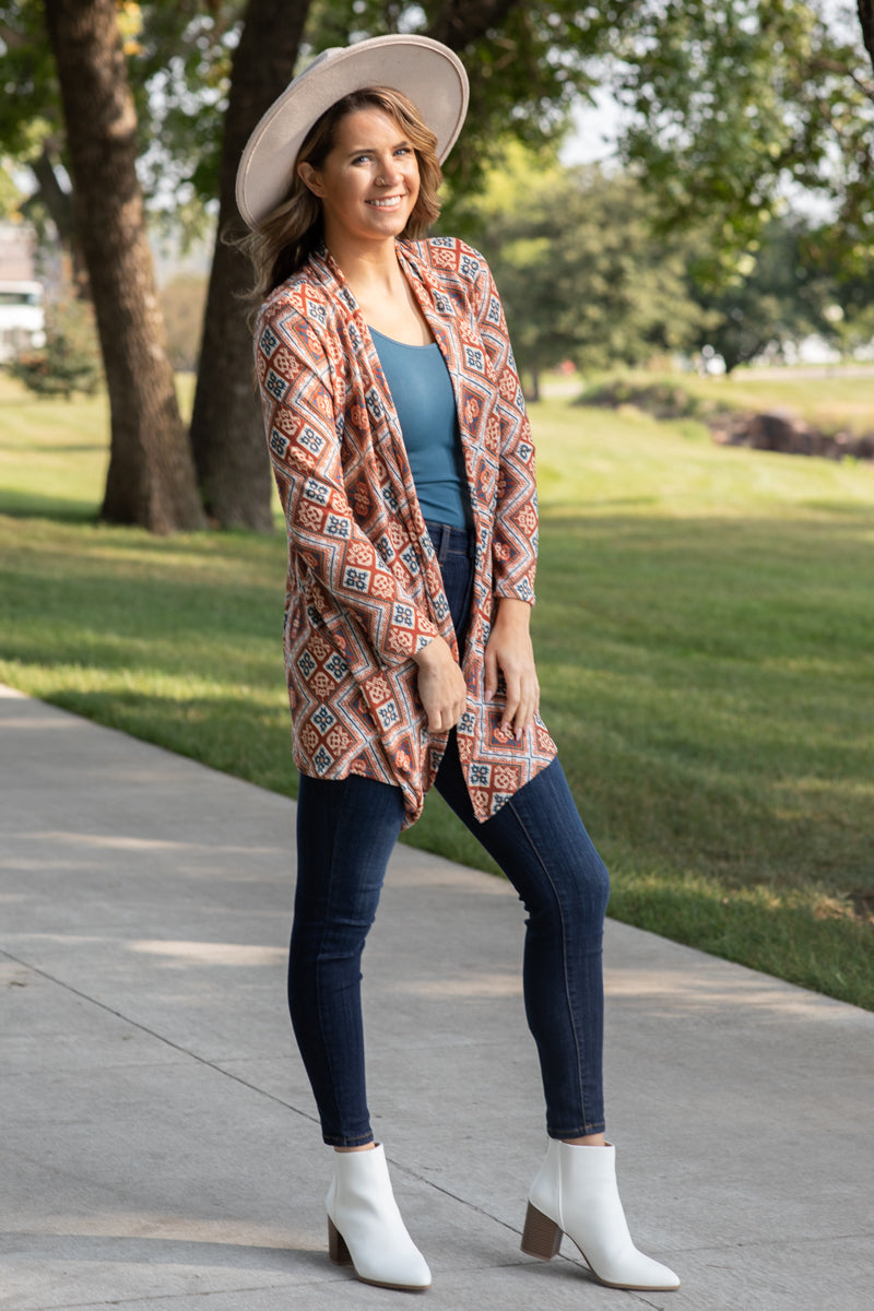 Orange and Teal Multicolor Aztec Cardigan
