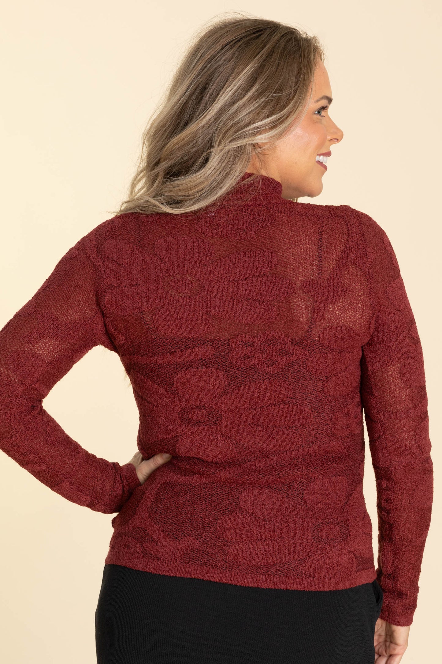 Burgundy Floral Textured Mock Neck Knit Sweater