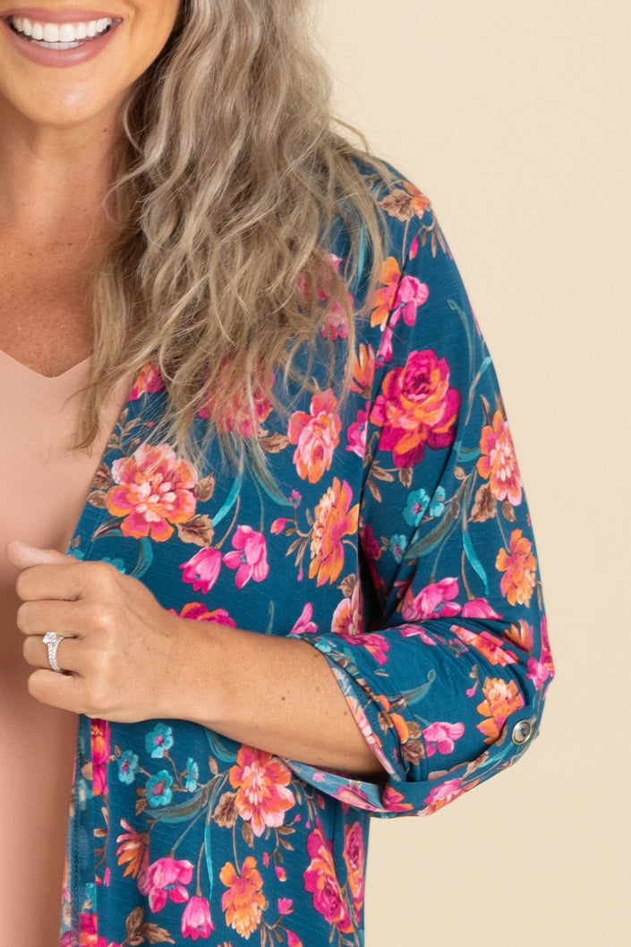 Teal Floral Open Front Wrinkle Free Cardigan