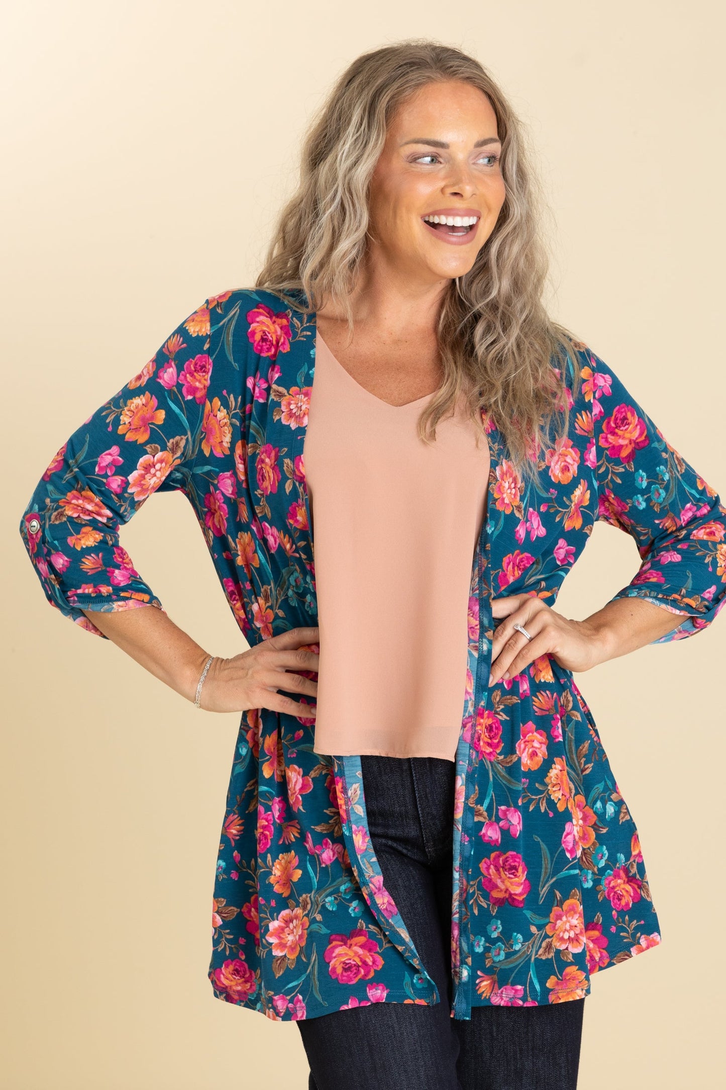 Teal Floral Open Front Wrinkle Free Cardigan