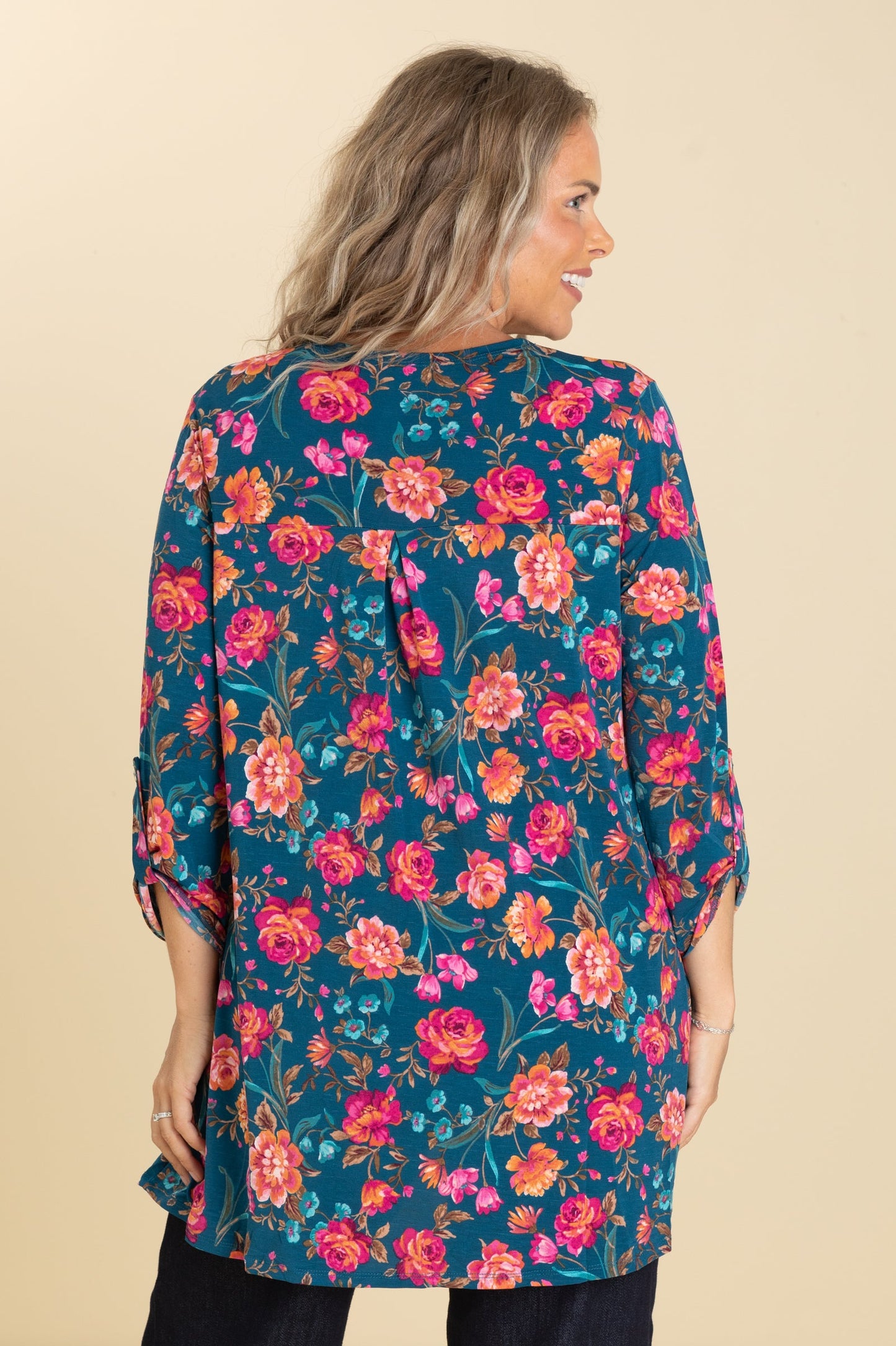 Teal Floral Open Front Wrinkle Free Cardigan