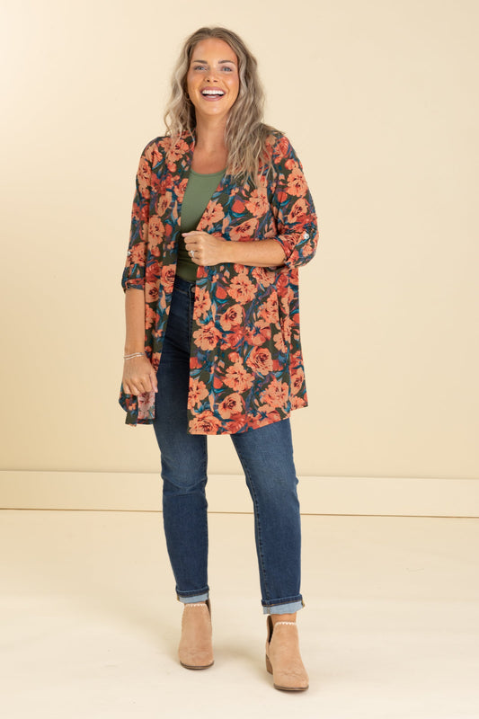 Big Floral Open Front Wrinkle Free Cardigan