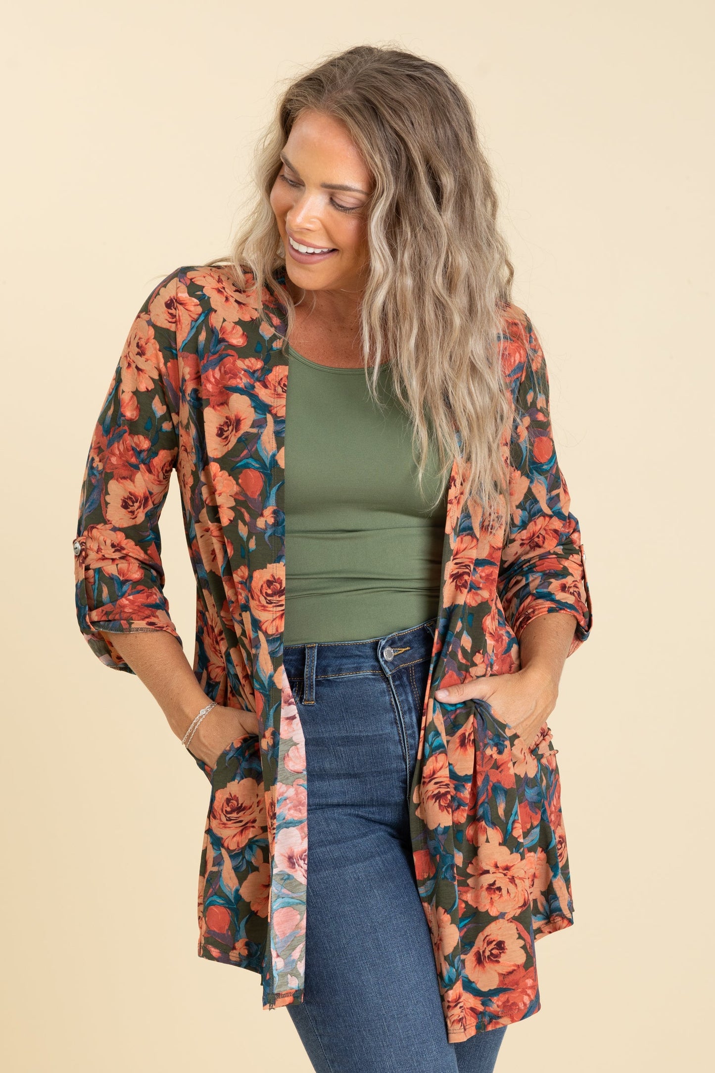 Big Floral Open Front Wrinkle Free Cardigan