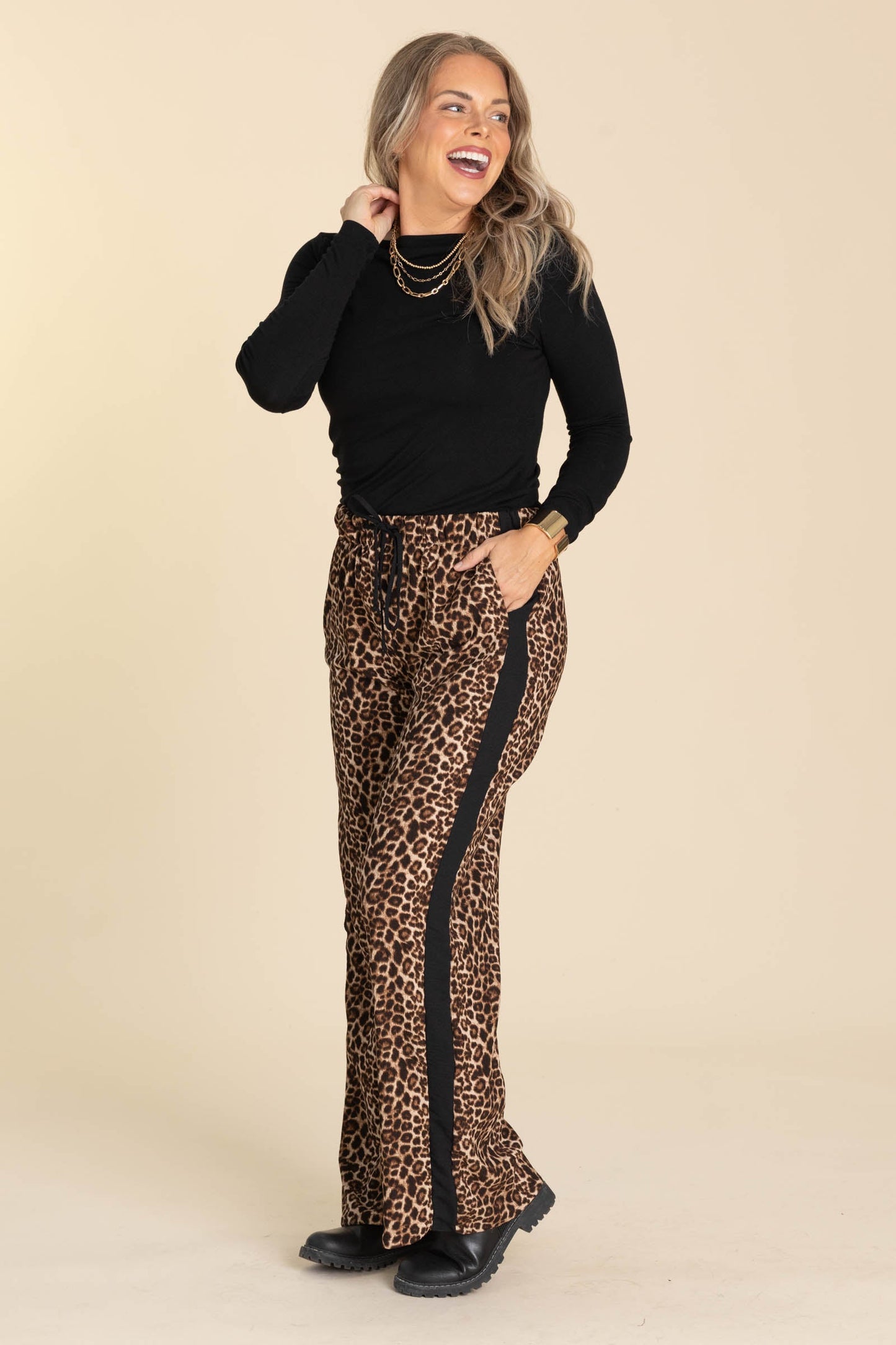 Brown Leopard Drawstring Wide Leg Pants