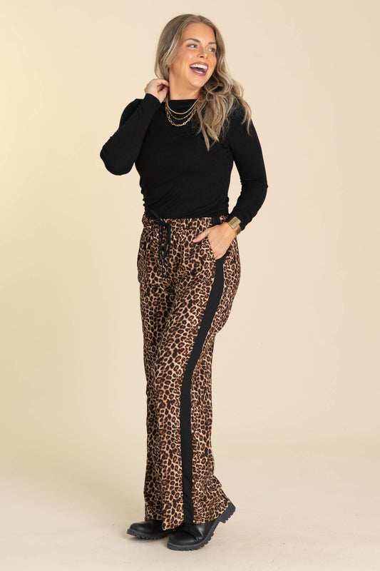 Brown Leopard Drawstring Wide Leg Pants