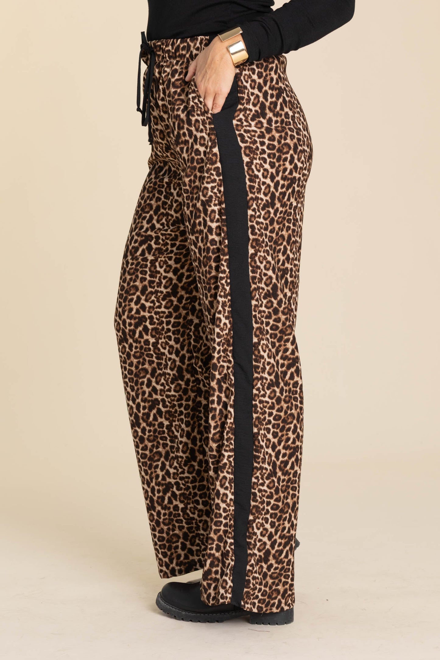 Brown Leopard Drawstring Wide Leg Pants
