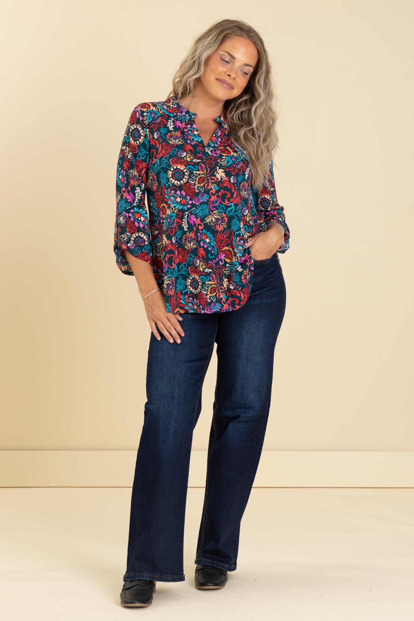 Teal Leaf Print Lizzy Wrinkle Free Top