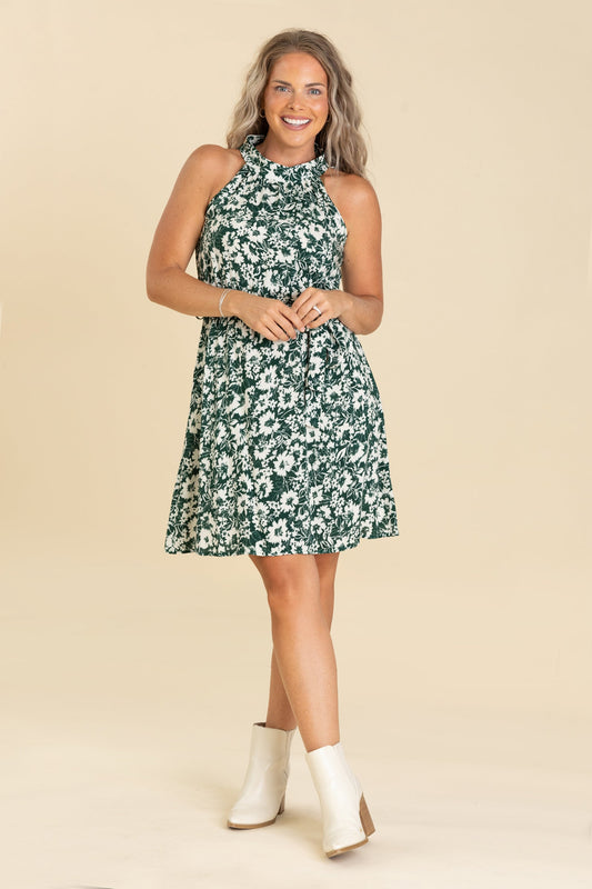 Hunter Green Floral Mock Dress With Waist Tie