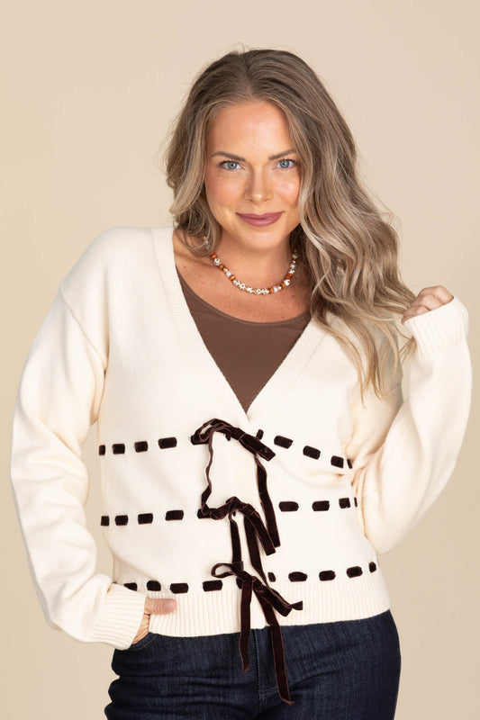 Vanilla With Velvet Bow Detail Cardigans