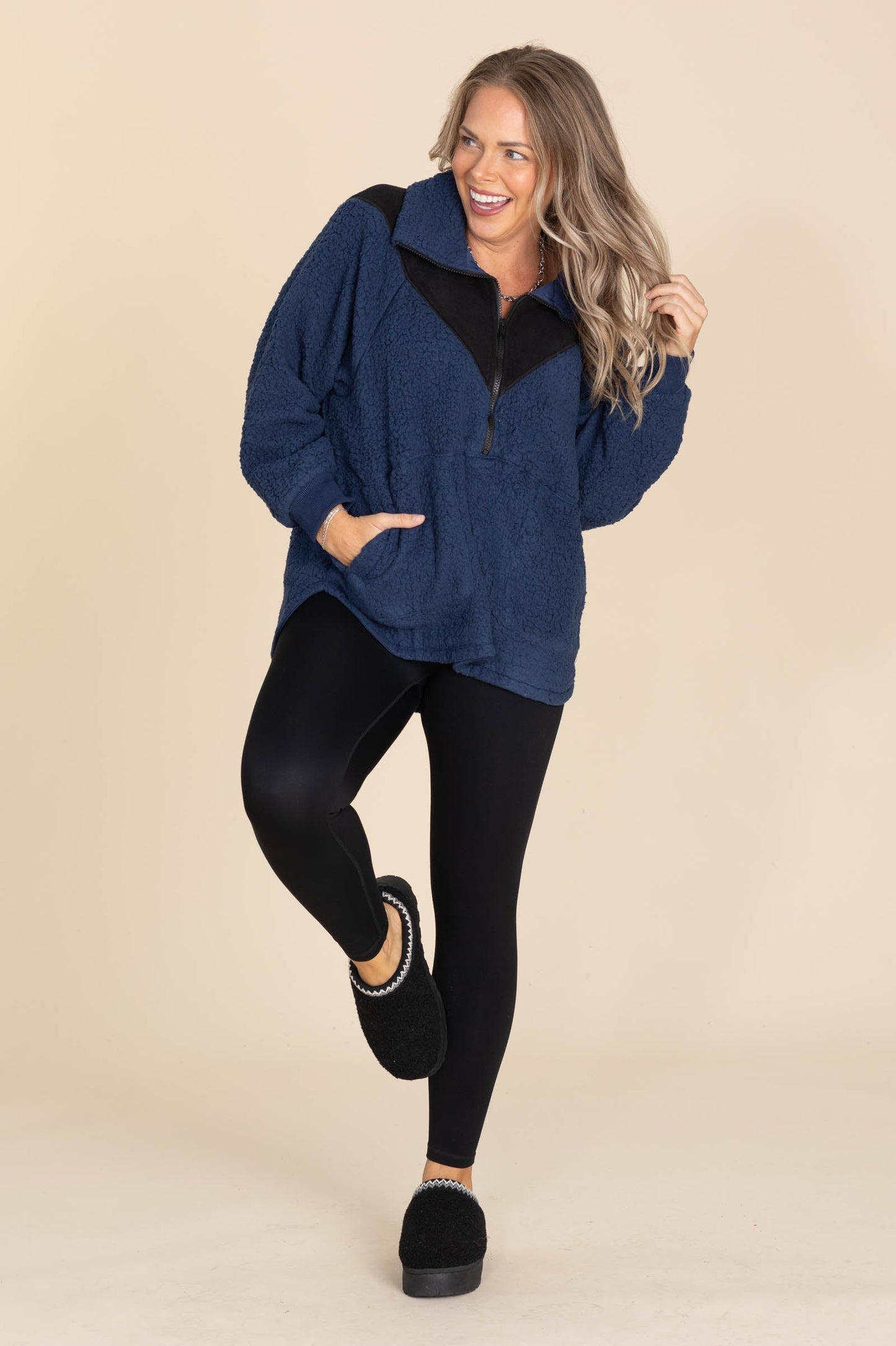 Navy And Black Sherpa Quarter Zip