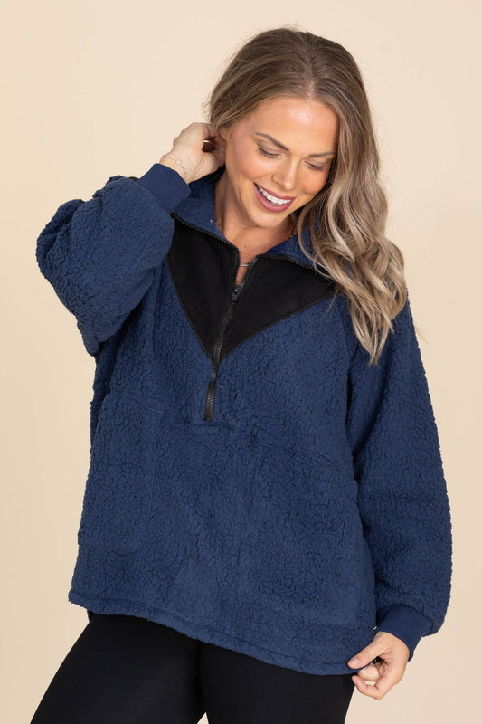 Navy And Black Sherpa Quarter Zip
