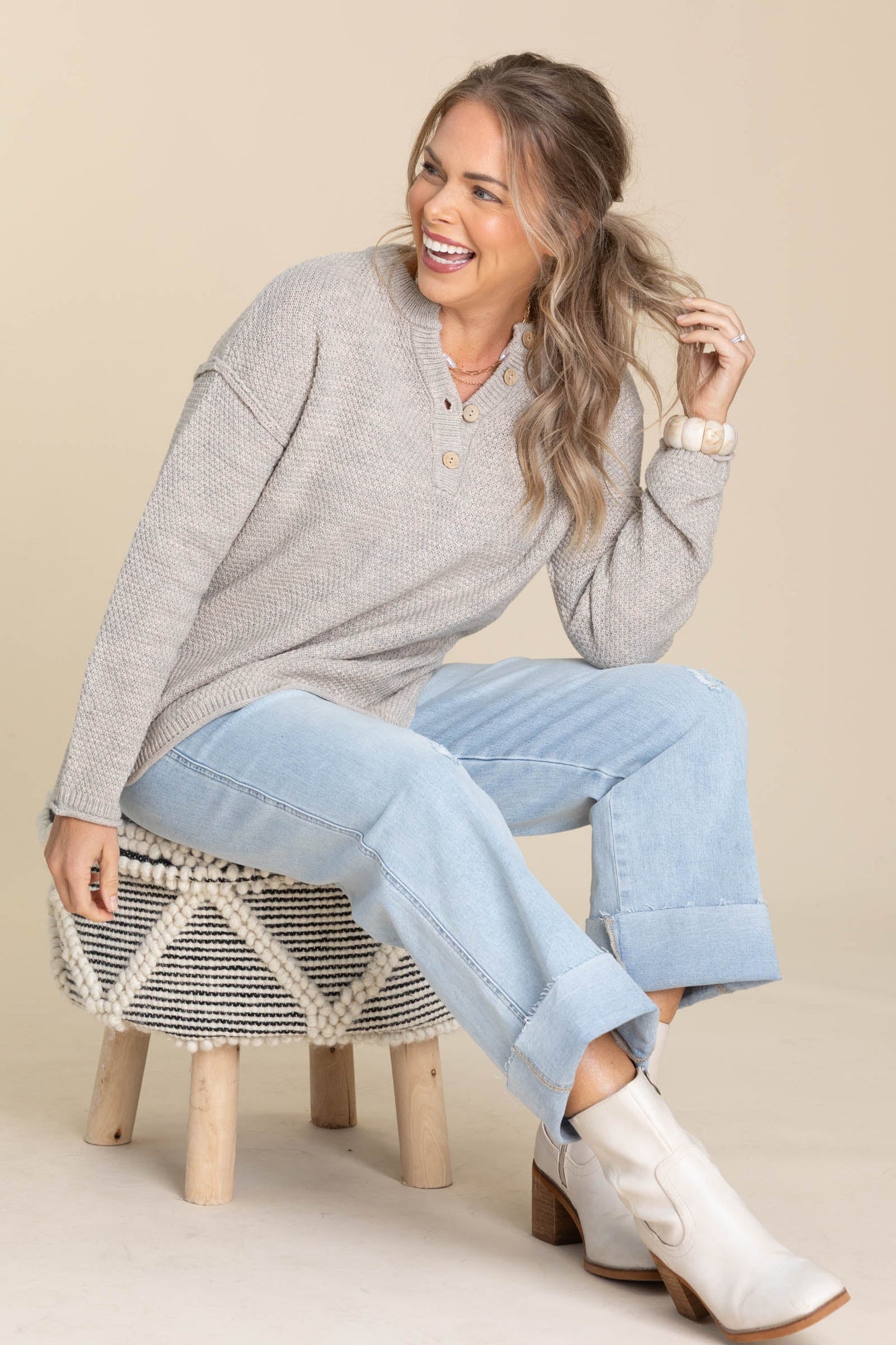 Waffle Textured Henley Neckline Basic Sweaters