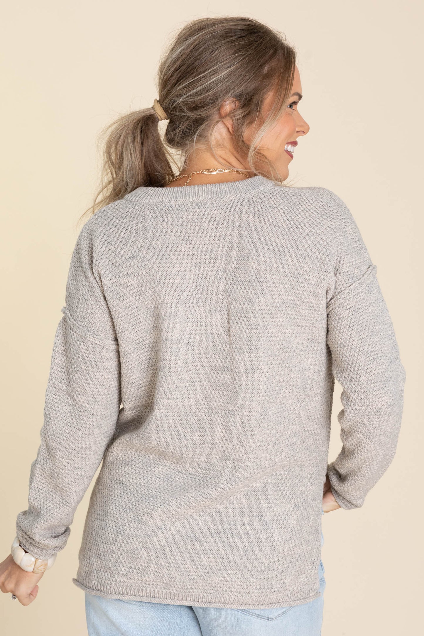 Waffle Textured Henley Neckline Basic Sweaters