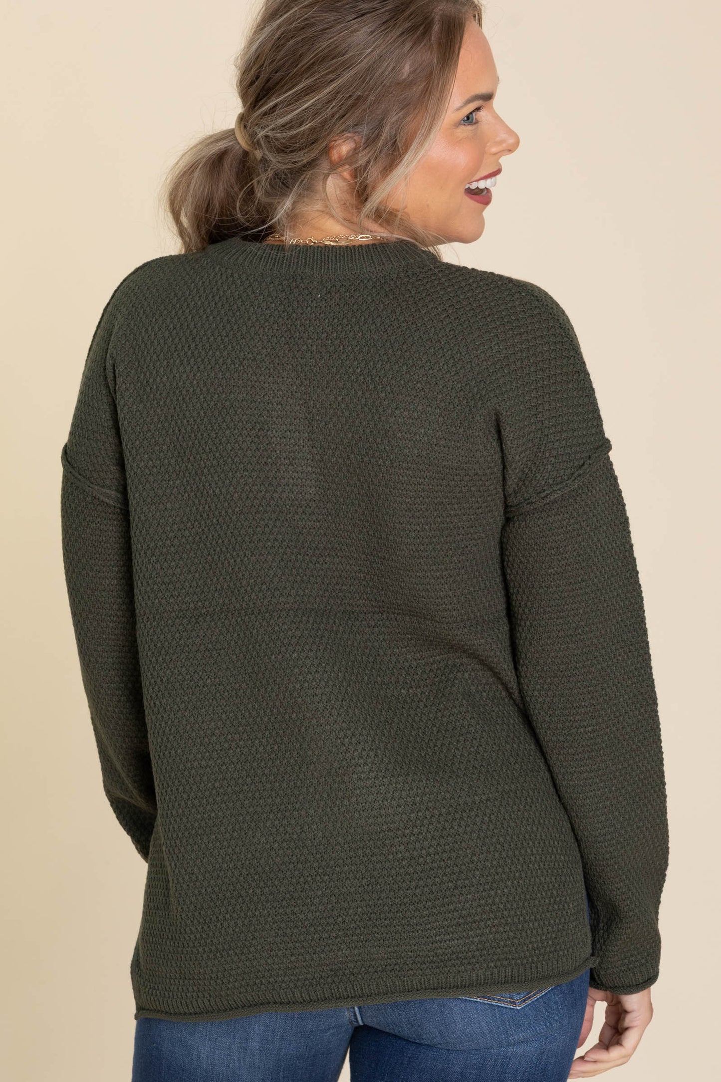 Waffle Textured Henley Neckline Basic Sweaters