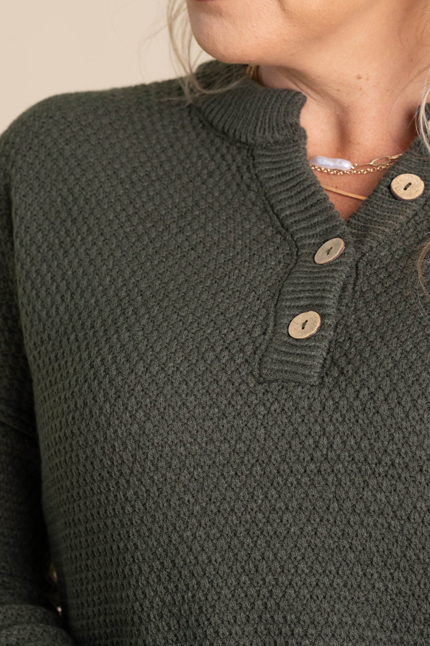 Waffle Textured Henley Neckline Basic Sweaters