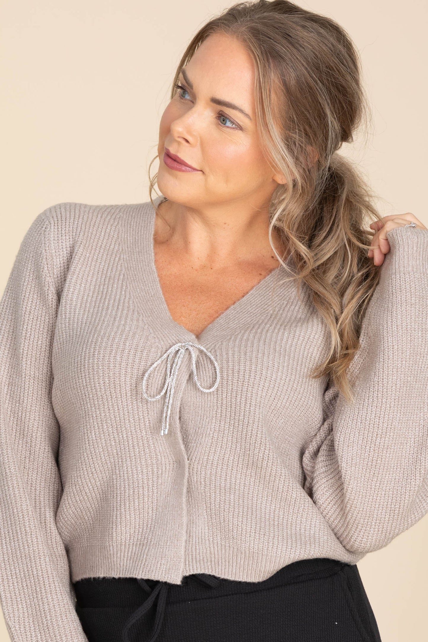 Light Mocha Sparkly Bow Tie Cardigan