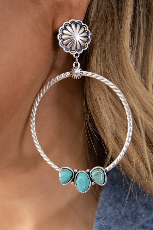 Silver and Turquoise Etched Stud Hoop Earrings